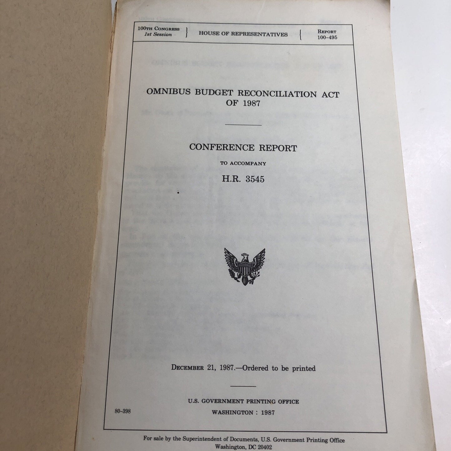 Omnibus Budget Reconciliation Act Of 1987 Conference Report Accompany H. R. 3545
