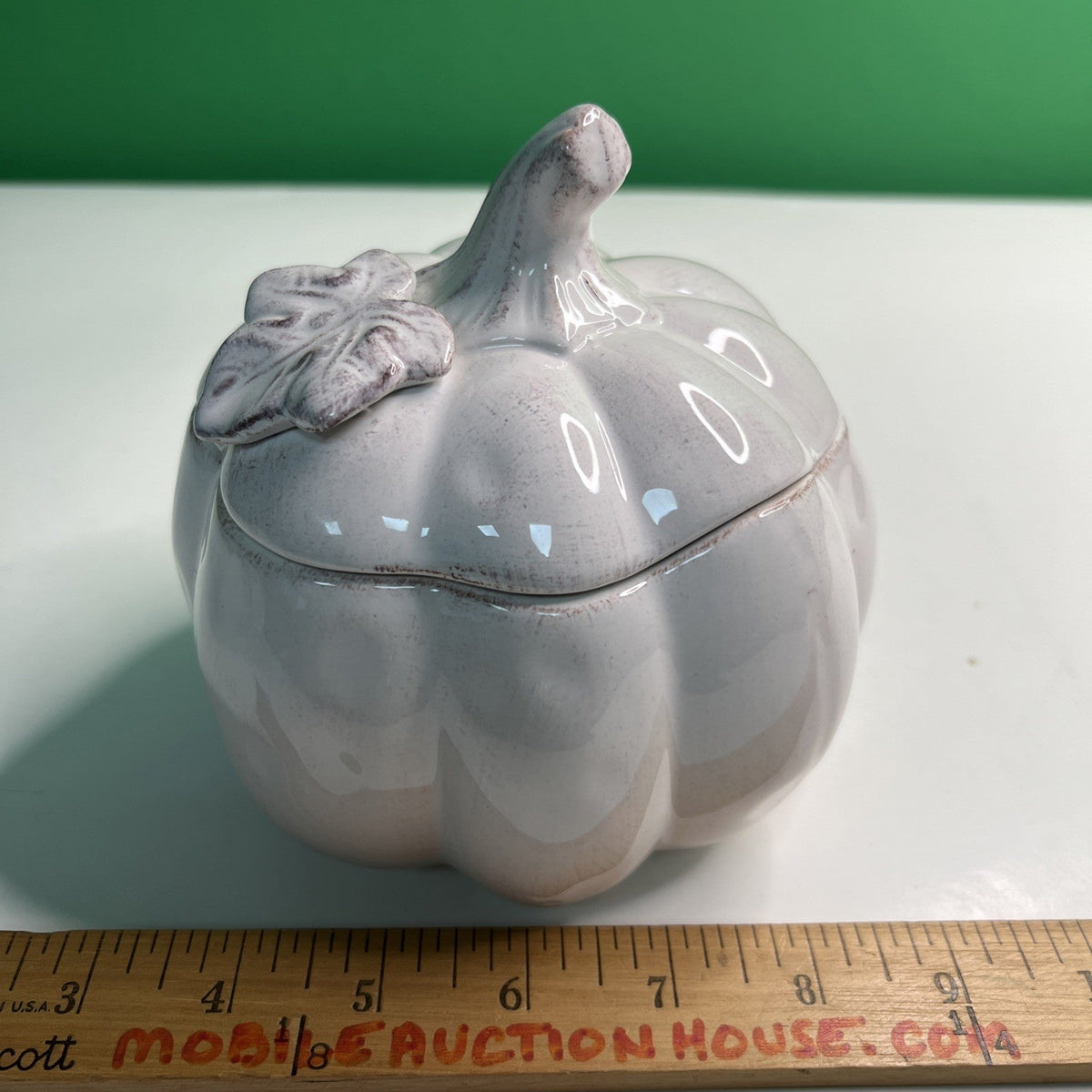 Pier 1 Hand Painted Dolomite Ceramic White Pumpkin Candy Dish W/Lid Distressed