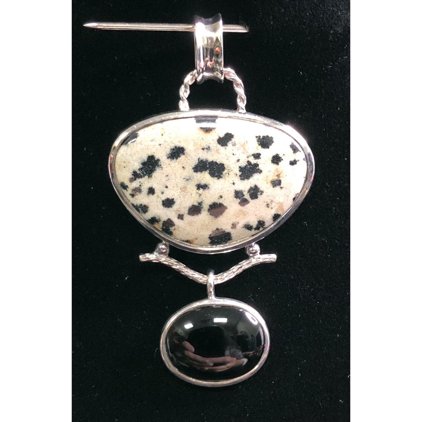 Vintage Dalmation Jasper Black Onyx Sterling Silver Pendant Whitney Kelly 925