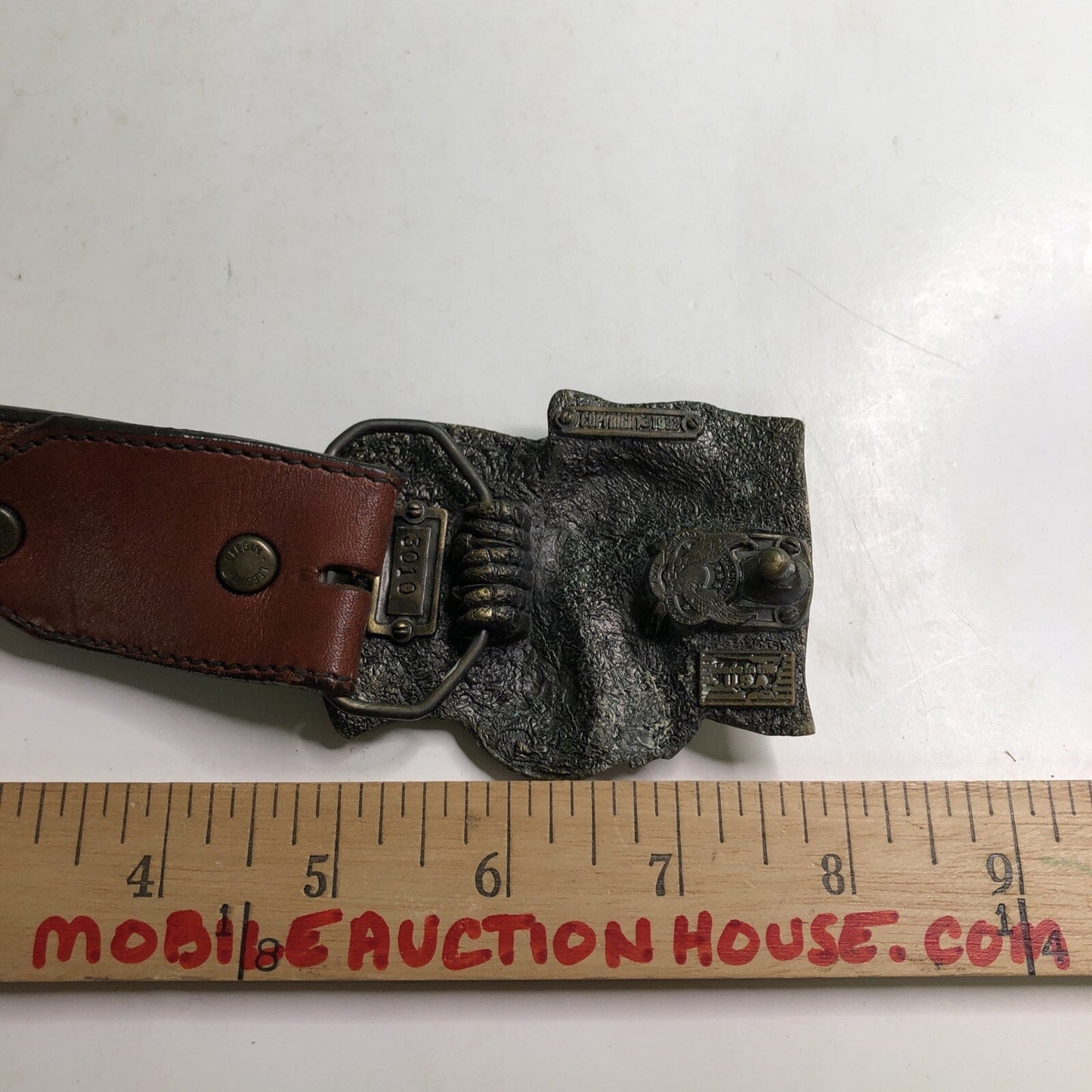 Vintage Original Brass & Enamel American Flag & Eagle Buckle w/ Leather Belt 36”