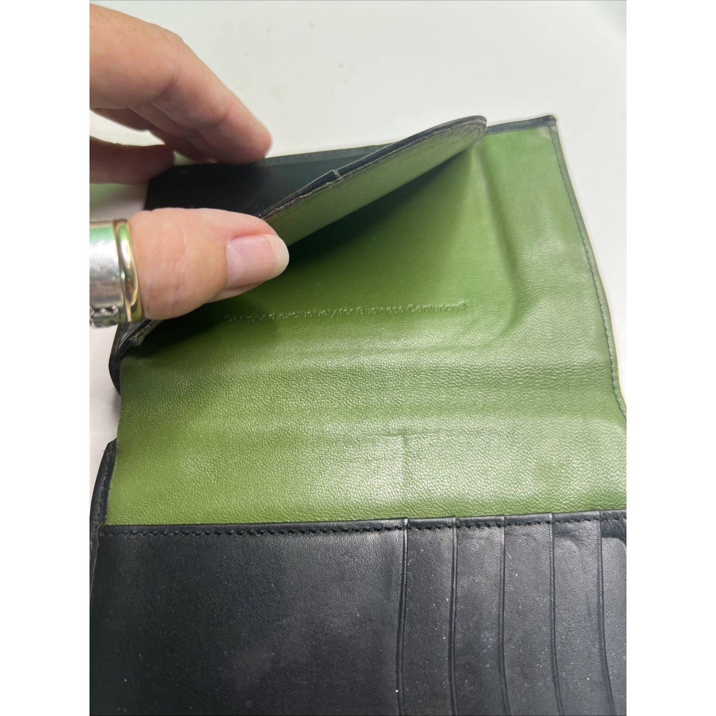 Black Leather Bifold Mens Wallet by Business Centurion Green Interior