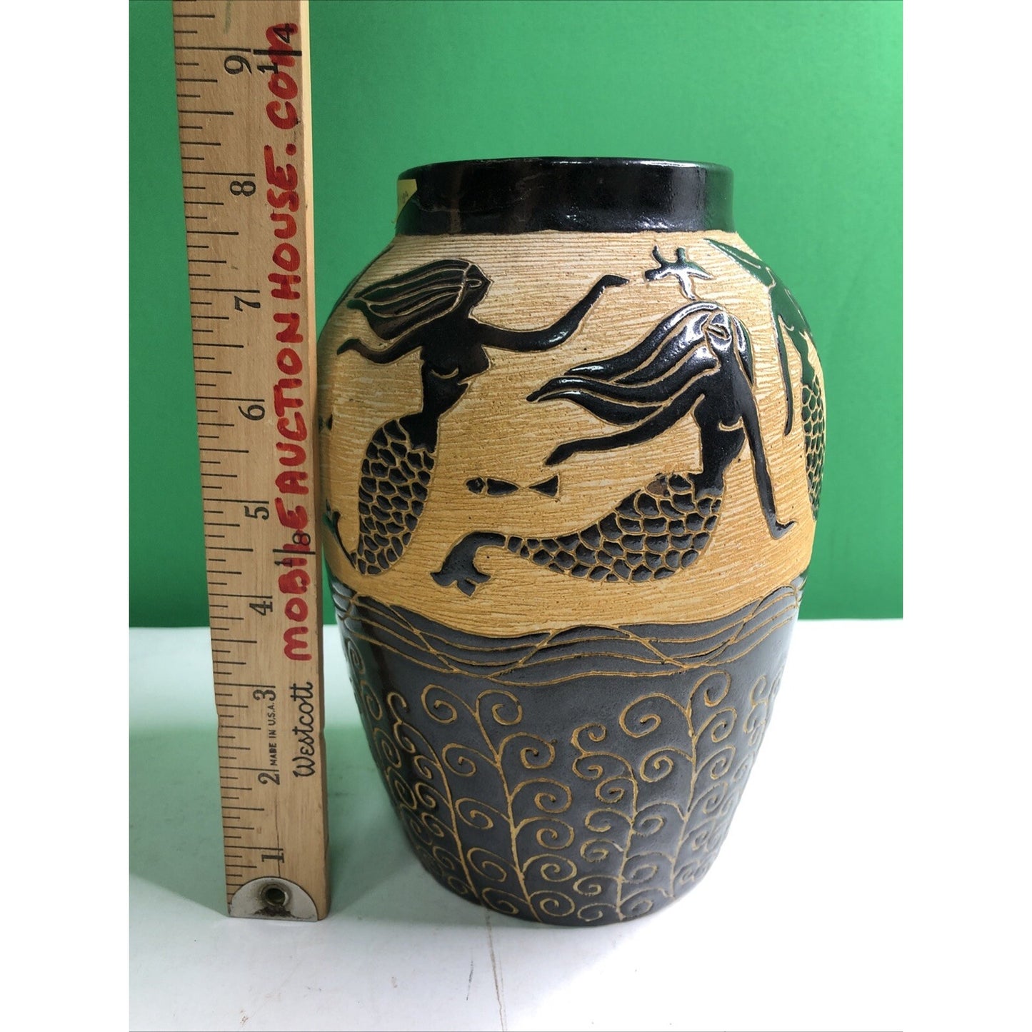 Beautiful MERMAID Vase Sgrafitto Studio Art Pottery Rich Brown Cream Orange
