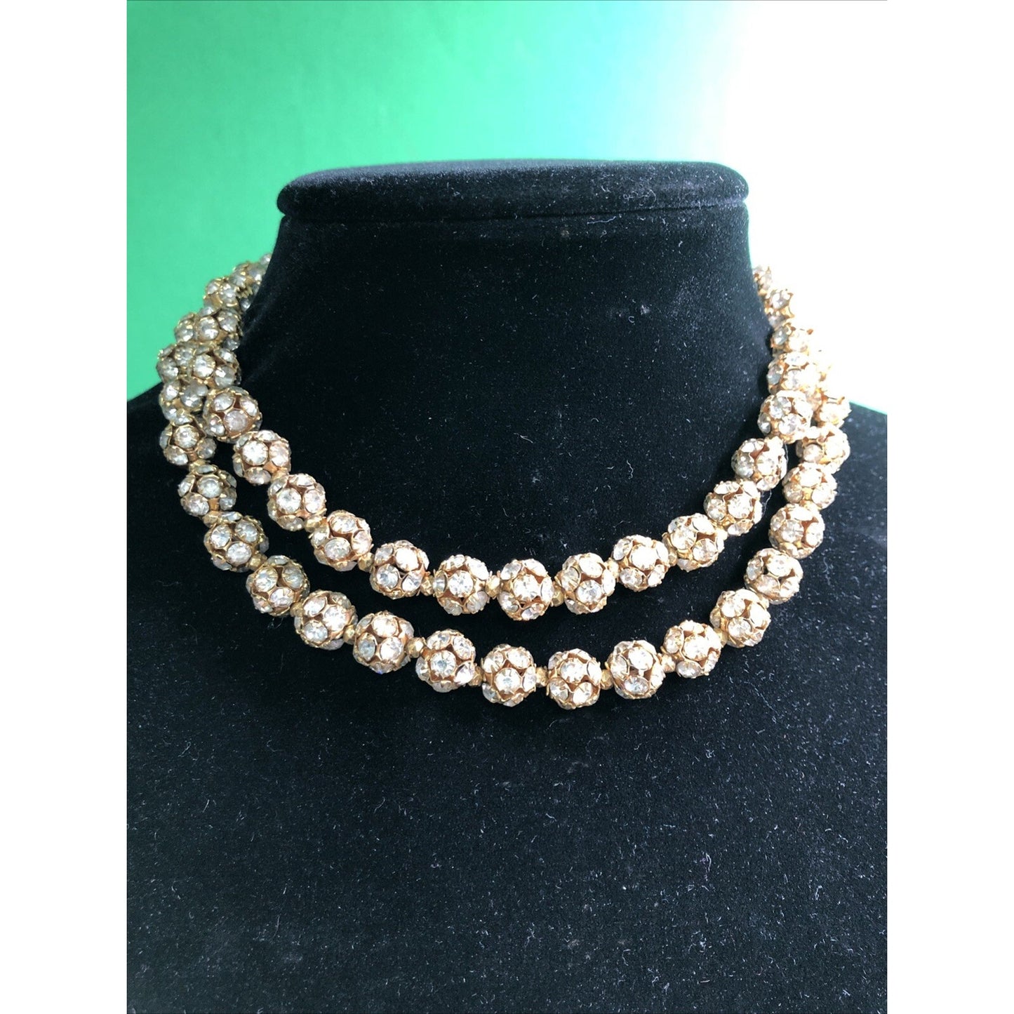 VTG Double Strand Elegant Choker Necklace Goldtone Rhinestones 16” Adjustable