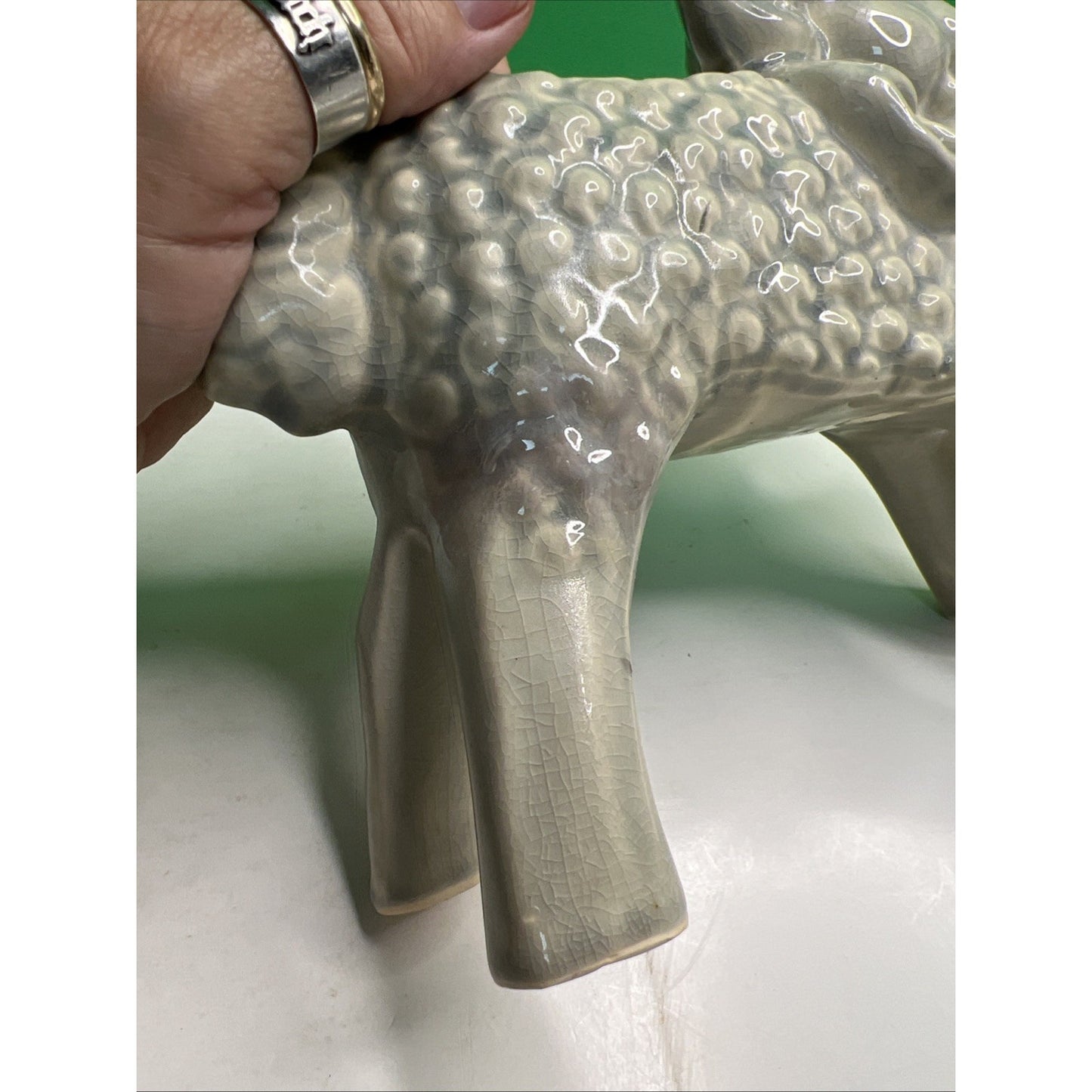 Vintage McCoy Art Pottery Nursery Curly Sheep Lamb With Bow Bells Planter Grey