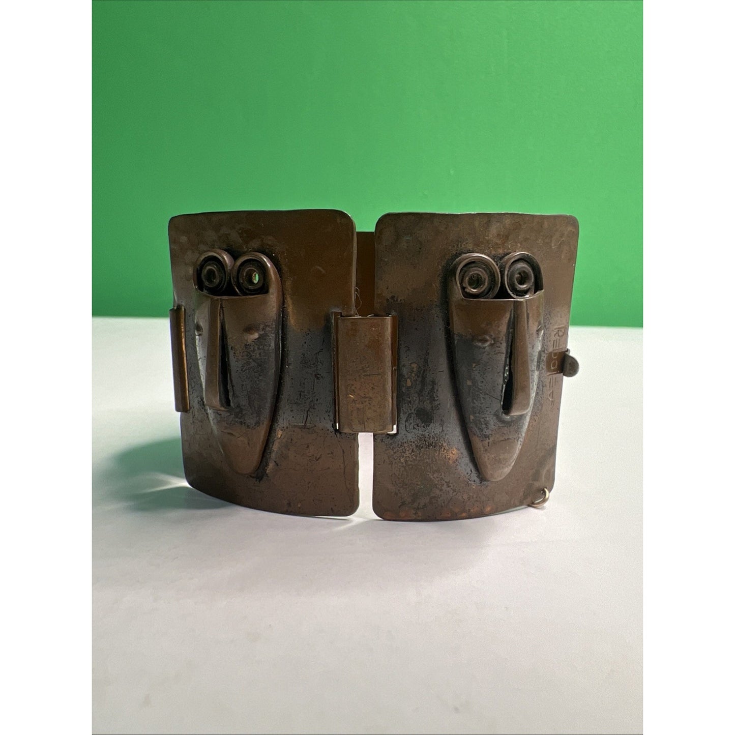 Rebajes Signed Vintage Tribal Masks Copper Bracelet 1950s Brazilian