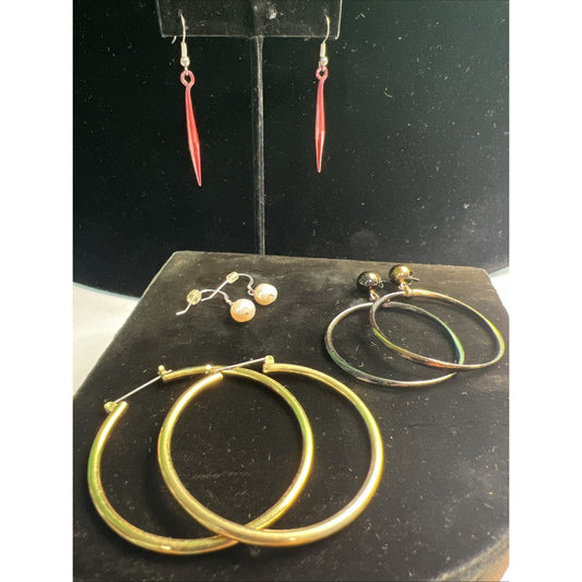 LOT OF MIXED STUD POST & DANGLE & HOOP EARRINGS 4 PAIRS Variety