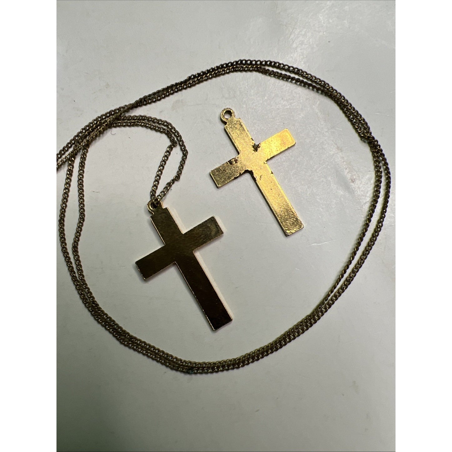 Vintage Boxed Set Two Gold Toned Etched Cross Pendants With One Chain