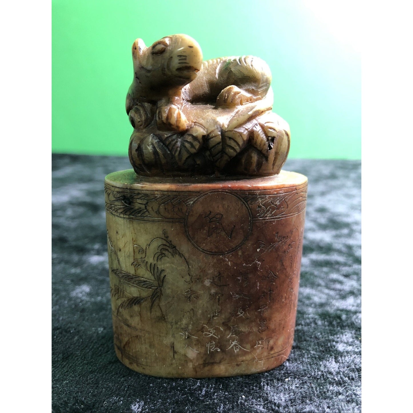 Antique Chinese Intricately Carved Stone Chop Seal Figural Rat Weasel