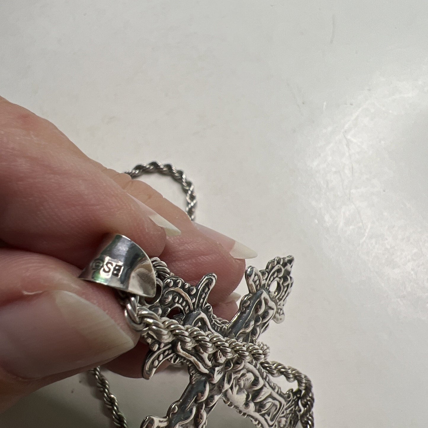 Vintage Sterling Rope Chain With Large Floral Cross Pendant