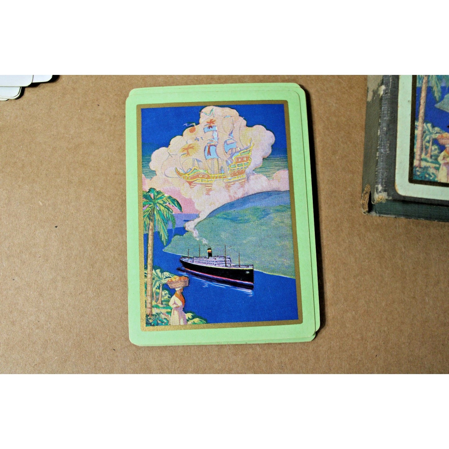 Antique 1920 Panama Canal Souvenir Playing Cards Gold Edges Complete Deck