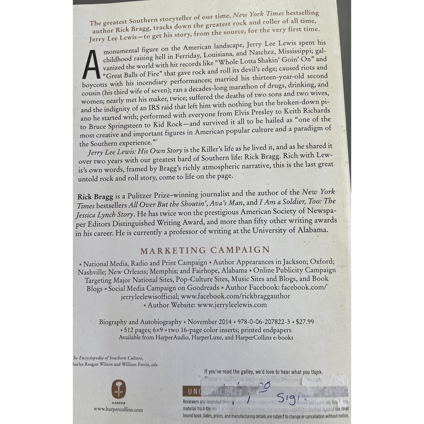 Jerry Lee Lewis: His Own Story by Rick Bragg - SIGNED! 2014 PB Uncorrected Proof