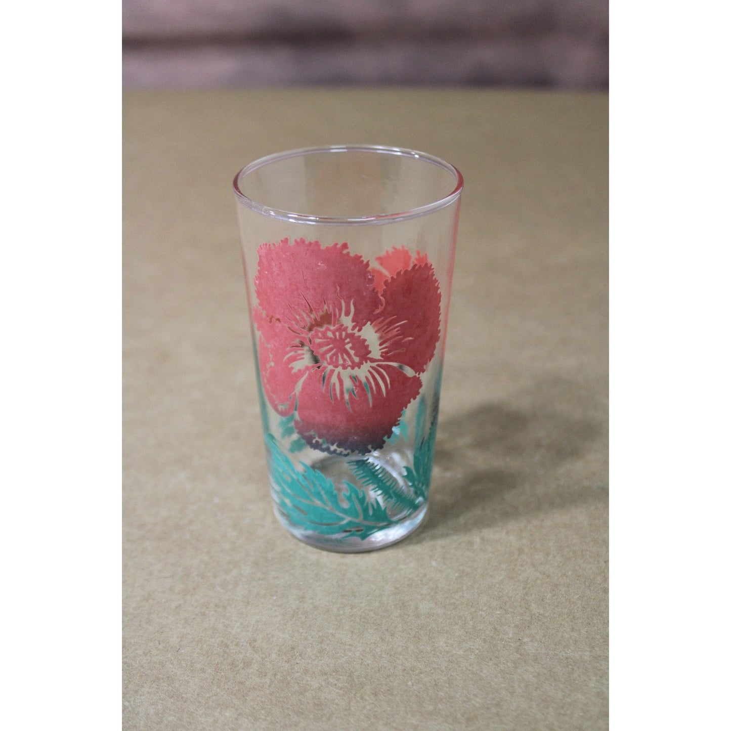 Vintage MCM Federal Glass Juice Cup, Red & Green Ombre Floral, 4.75"H