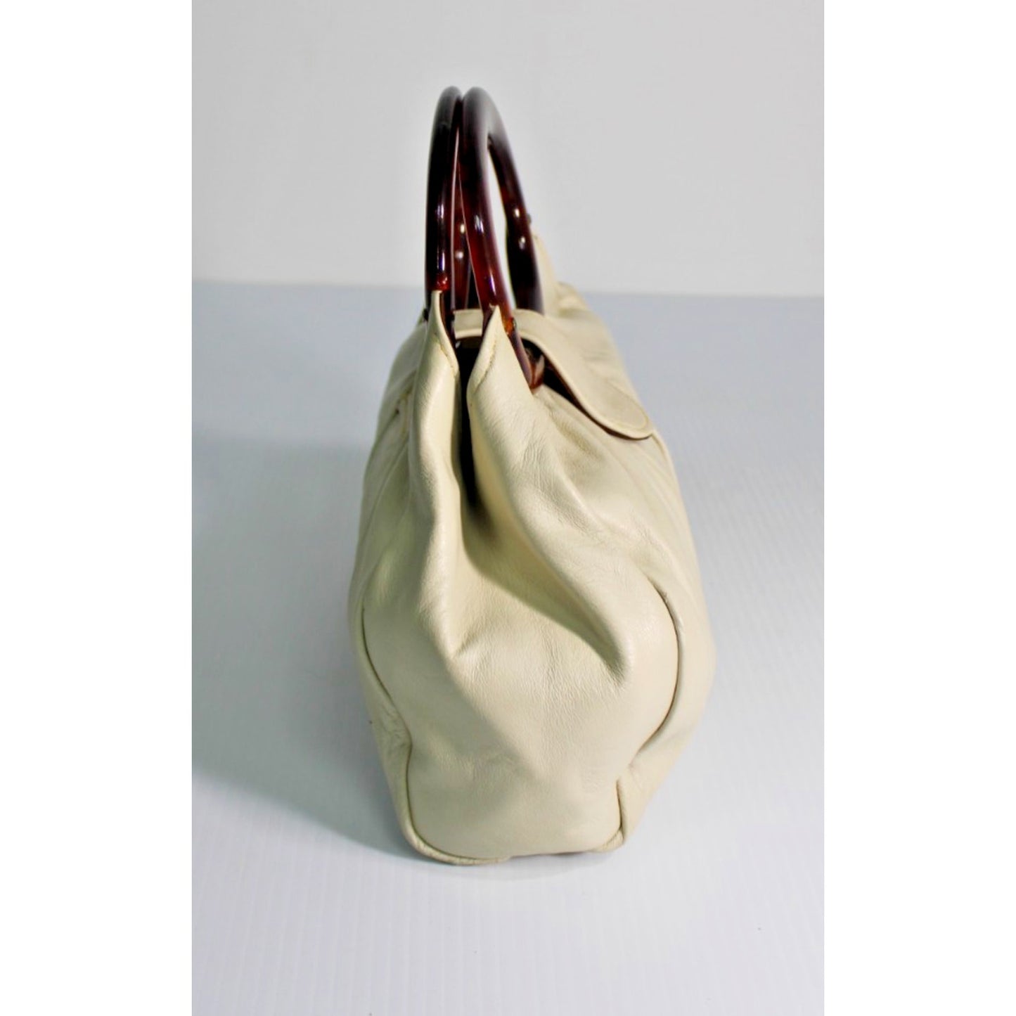 Vintage Andé Cream Slouchy Genuine Leather Handbag Lucite Tortoiseshell Handles