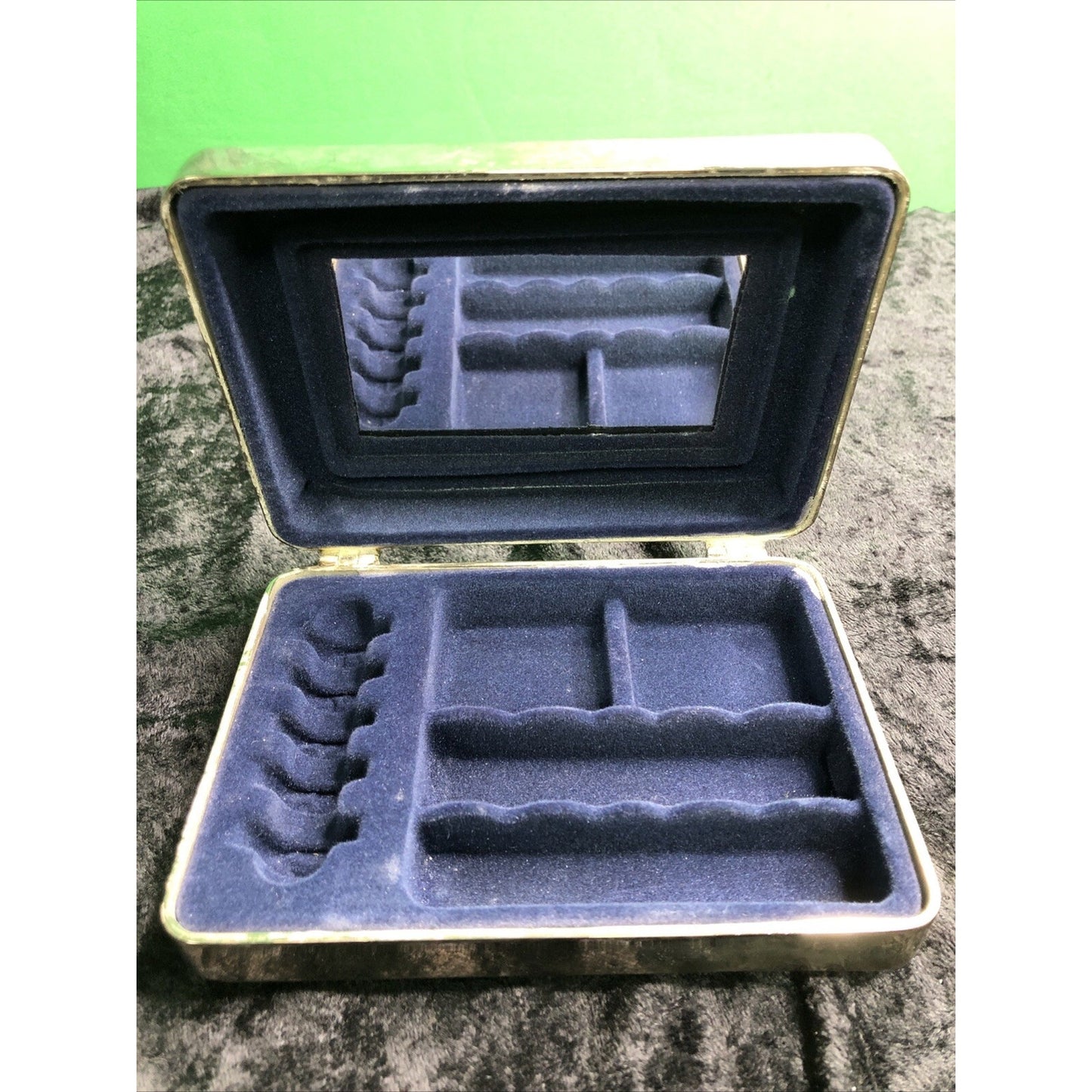 Vintage Silverplate Jewelry Box Chest Hinged Lid Blue Interior