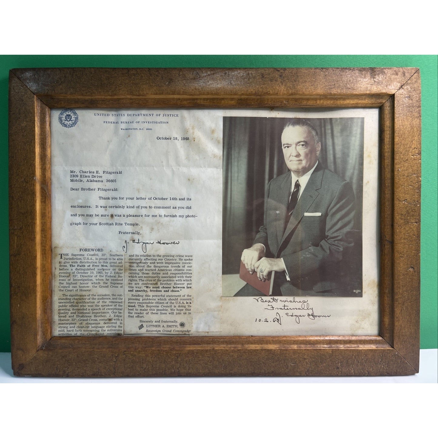1968 J Edgar Hoover Autographed Photo FBI Director Scottish Rite Mobile Alabama