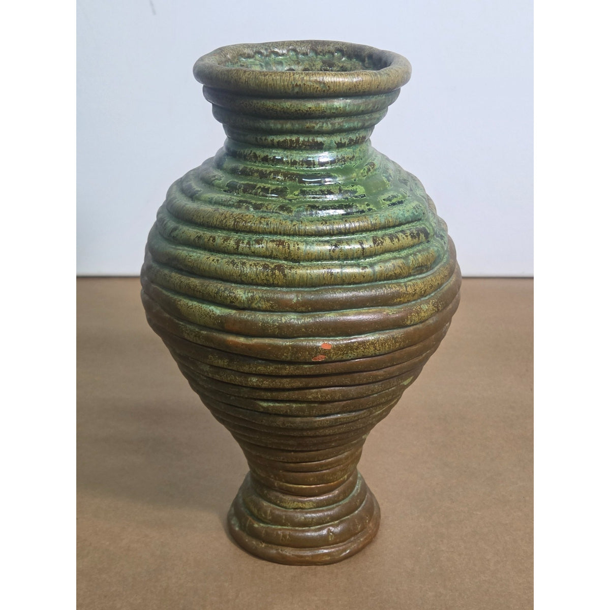Vintage JDH Brutalist Hand-Coiled Studio Art Pottery Vase – Green & Bronze Drip