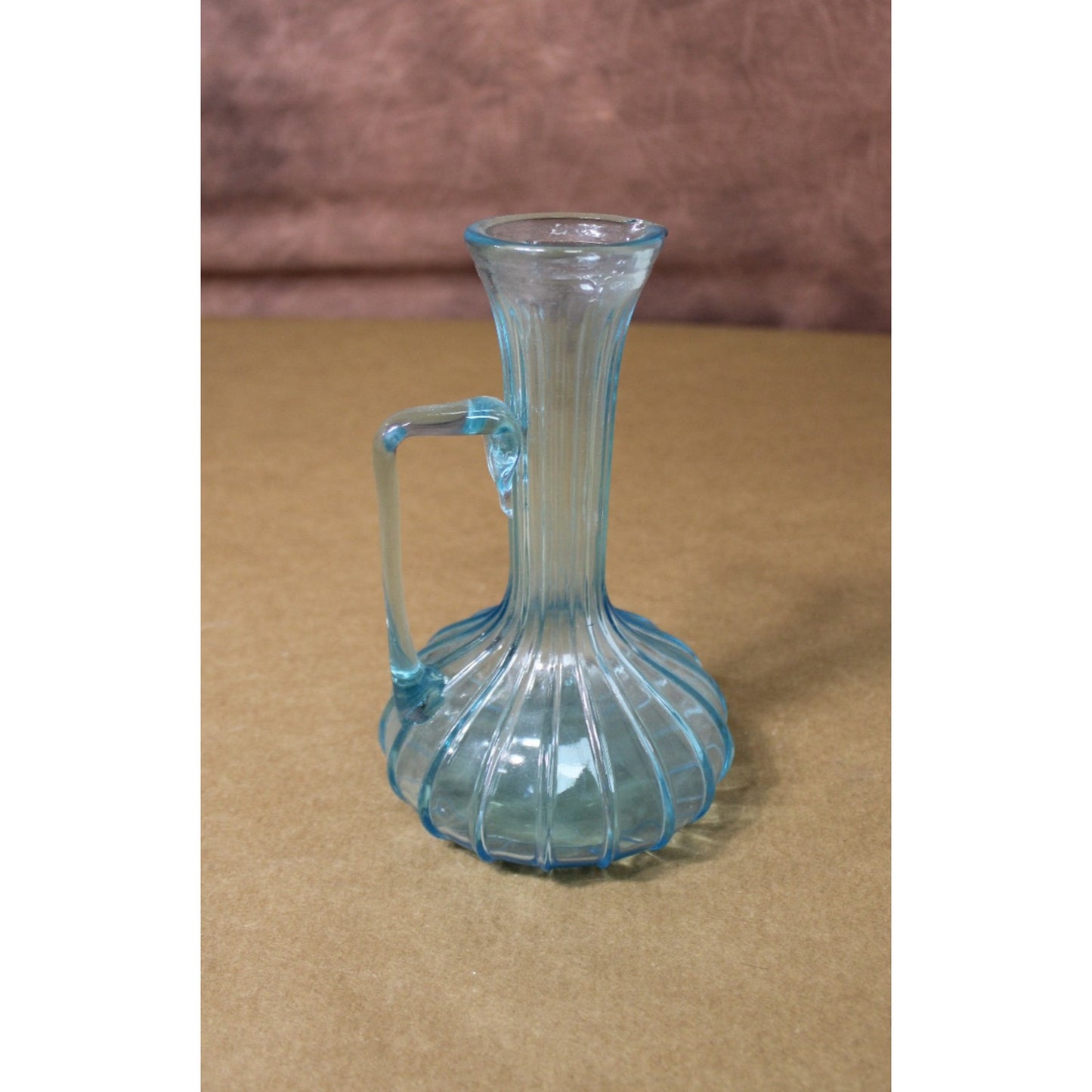 Vintage Aqua Fluted Glass Pitcher/ Bud Vase, 7.5" H Mid-Century Mod Unique MCM