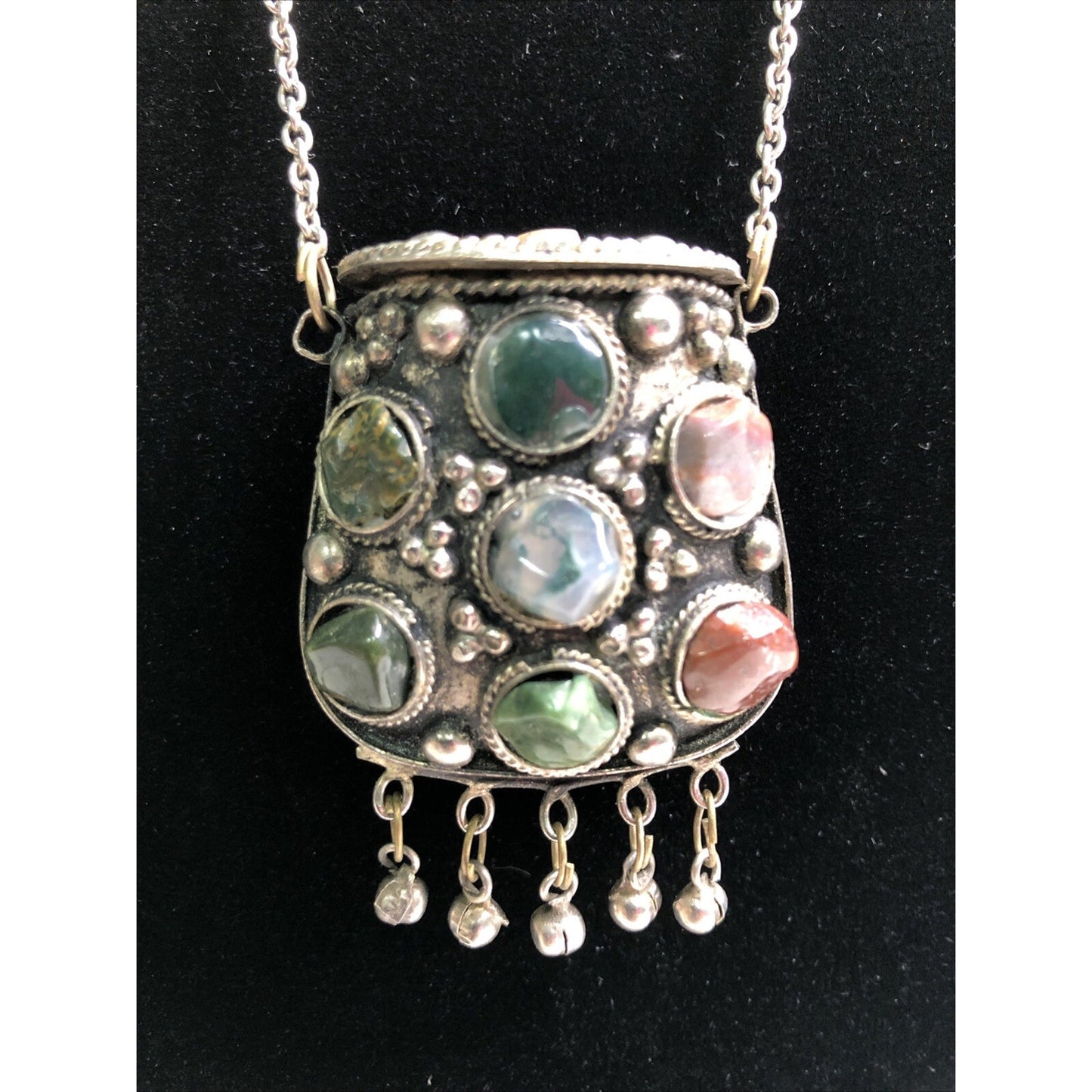 Vintage Sajai Metal Coin Purse Semi Precious Stones Kuchi Prayer Box Necklace