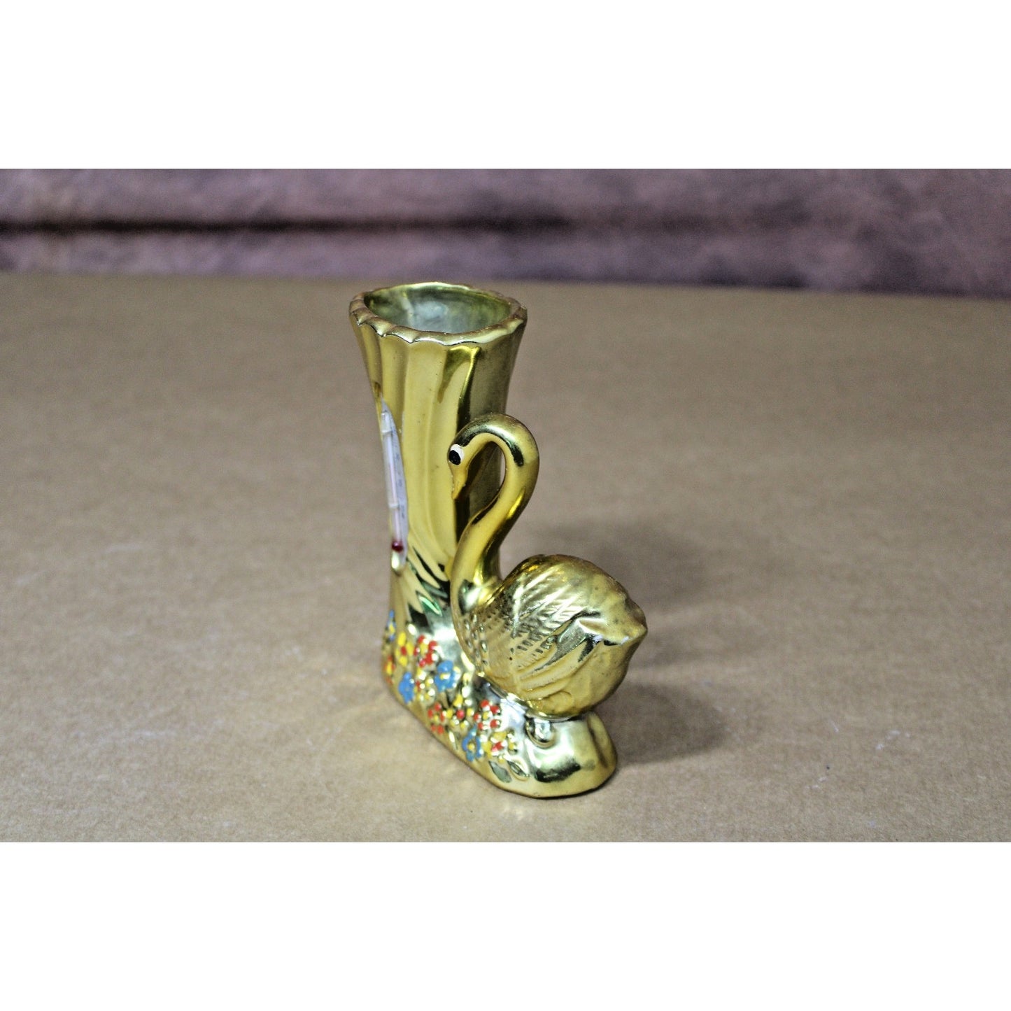 Vintage 1950s Anodized Gold Swan Thermometer Vase, Ceramic, Kitsch, MCM, 5 "H