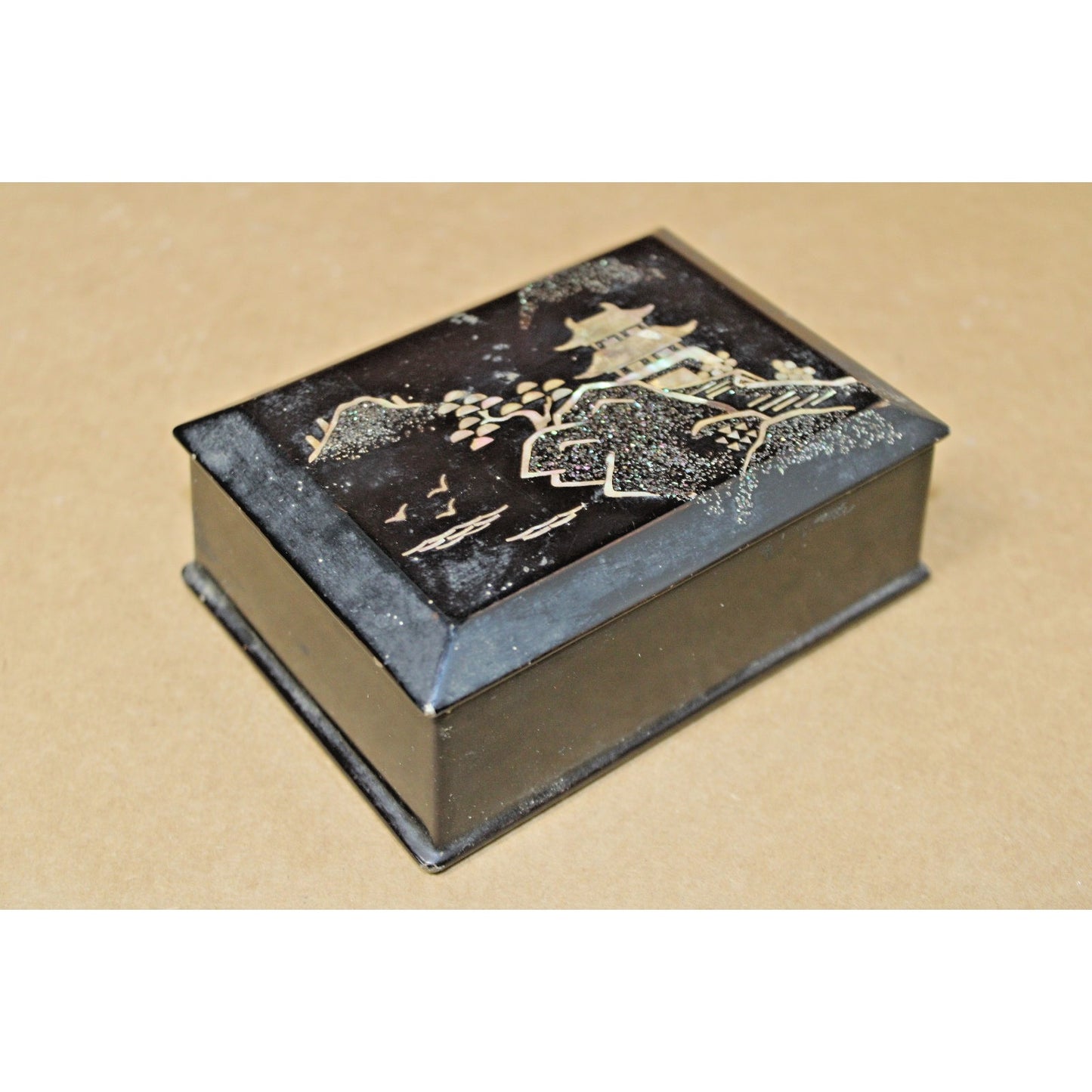 Asian Motif Trinket Box, Inlaid Abalone Shell Over Ceramic Covered Metal