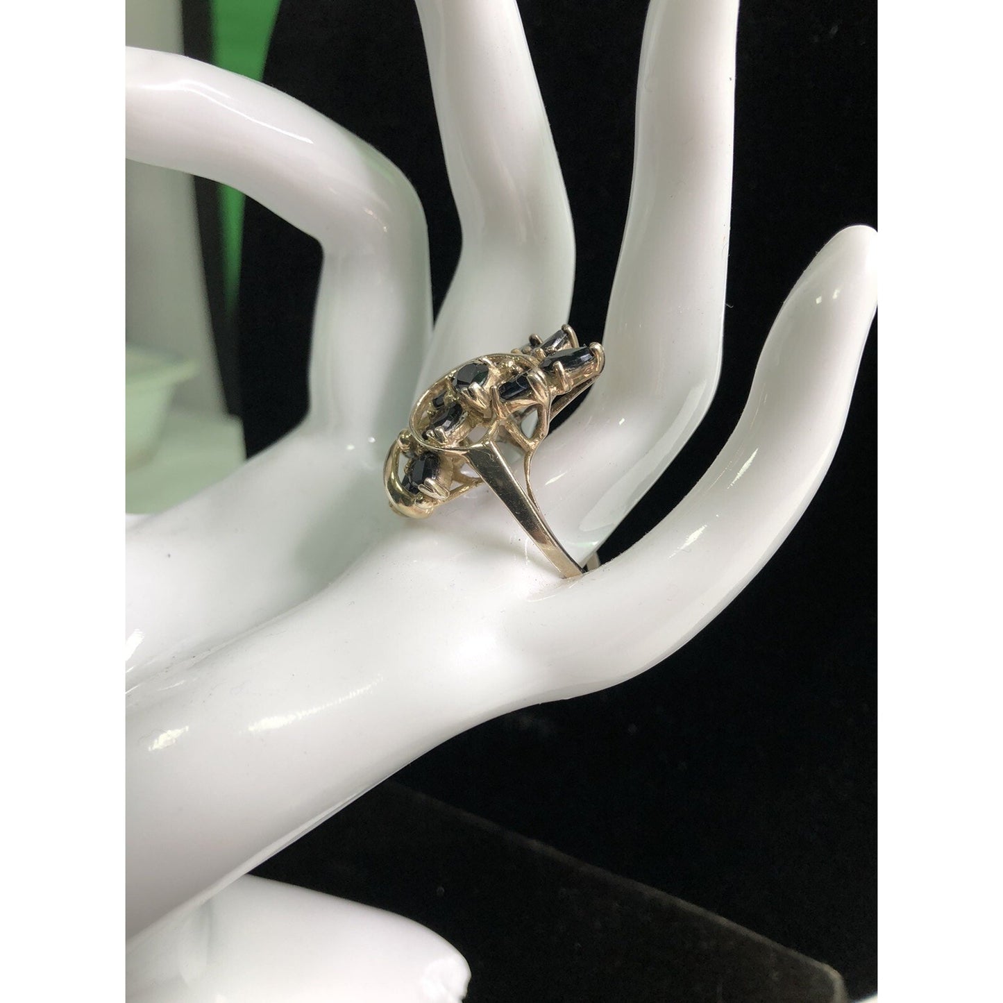 Vintage Sterling Silver Cocktail RING SIZE 10 Black Teardrop Stones Waterfall