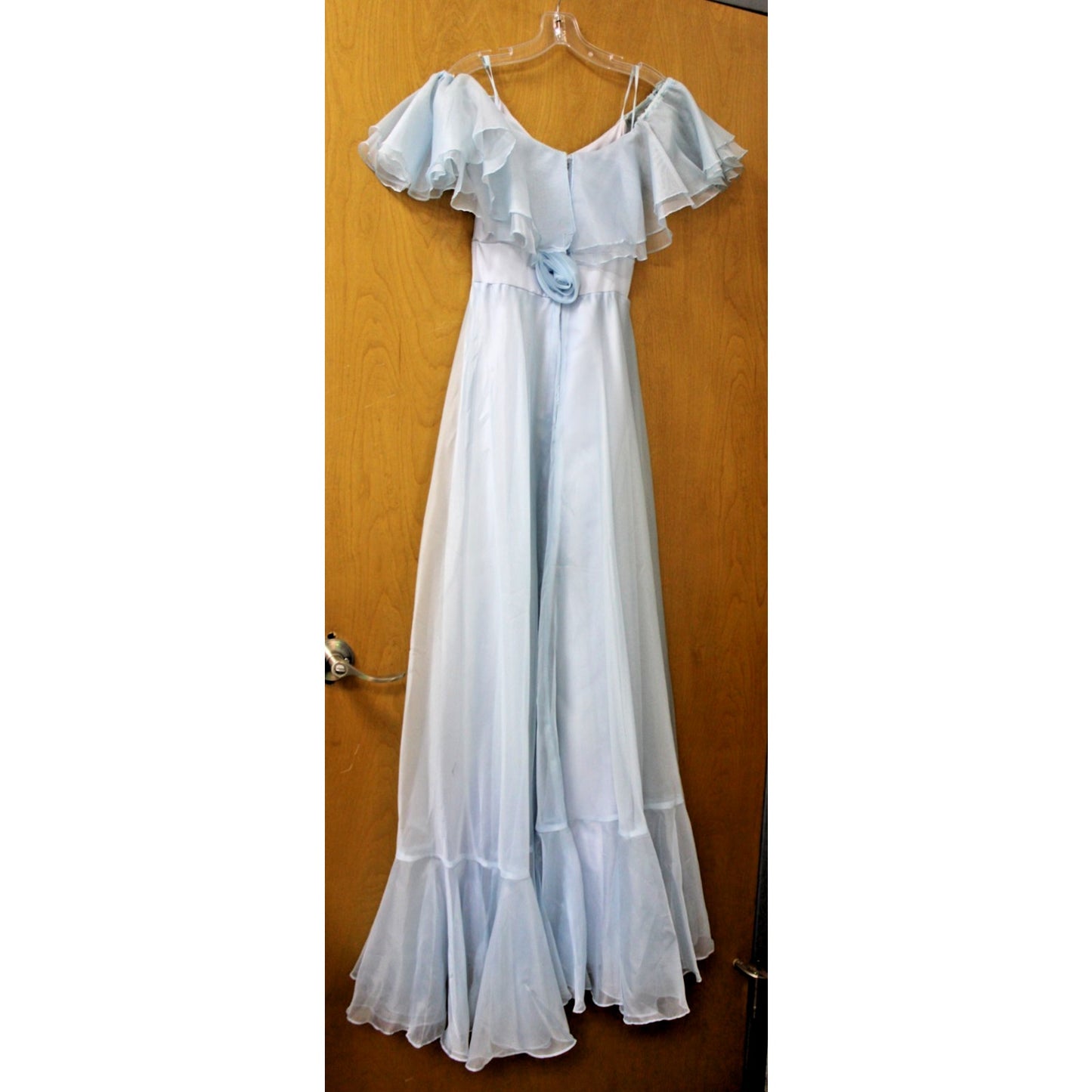 Vtg 70s Ice Blue Organza Formal Dress Off Shoulder Ruffle Tiered Prom Gown S XS