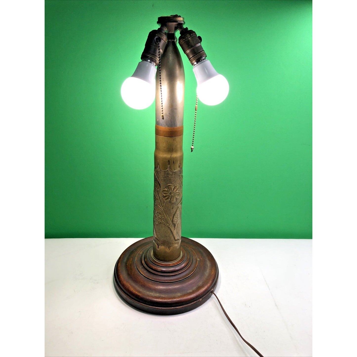 Trench Art Etched Artillery Shell Table Lamp, 3 Light, Wood Base 23” H - Works