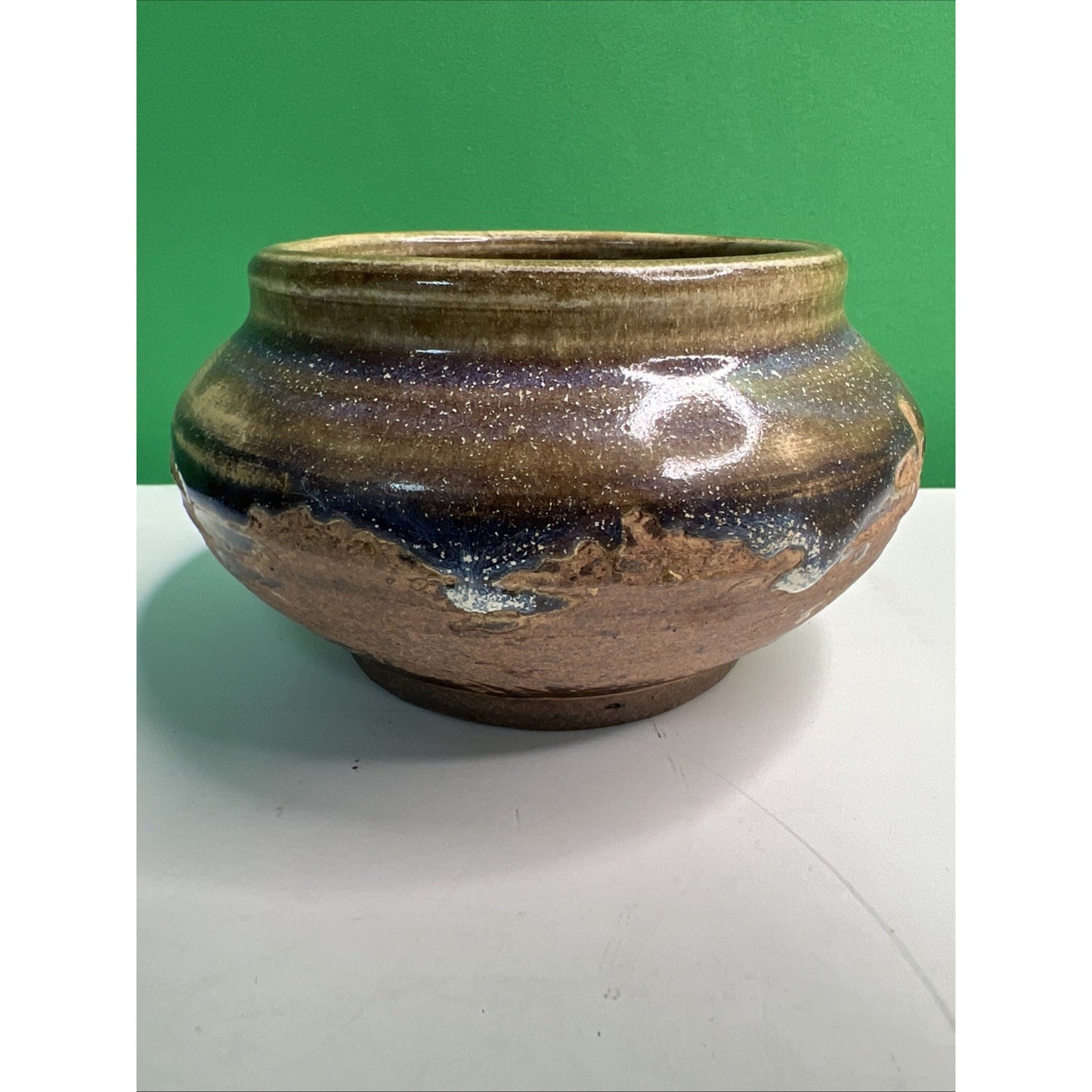 Studio Art Pottery Ceramic Blue Purple Brown Hues Drip Glazed Vintage Pot Bowl
