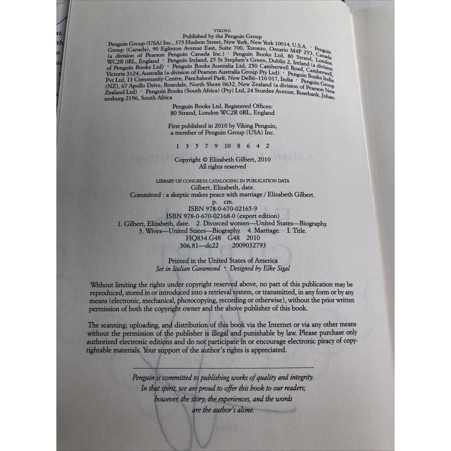 SIGNED Committed: A Skeptic Makes Peace with Marriage Elizabeth Gilbert 2010 HC