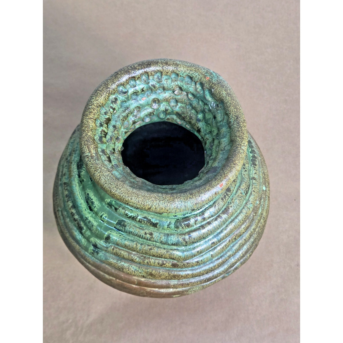 Vintage JDH Brutalist Hand-Coiled Studio Art Pottery Vase – Green & Bronze Drip