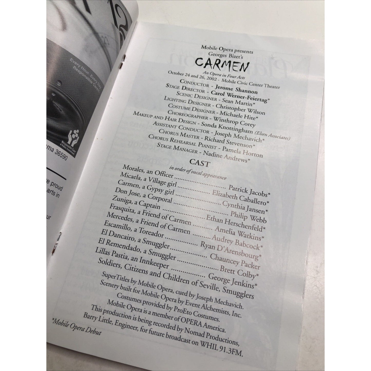 CARMEN: OPERA IN FOUR ACTS By Georges Bizet 2002 Playbill Mobile Alabama