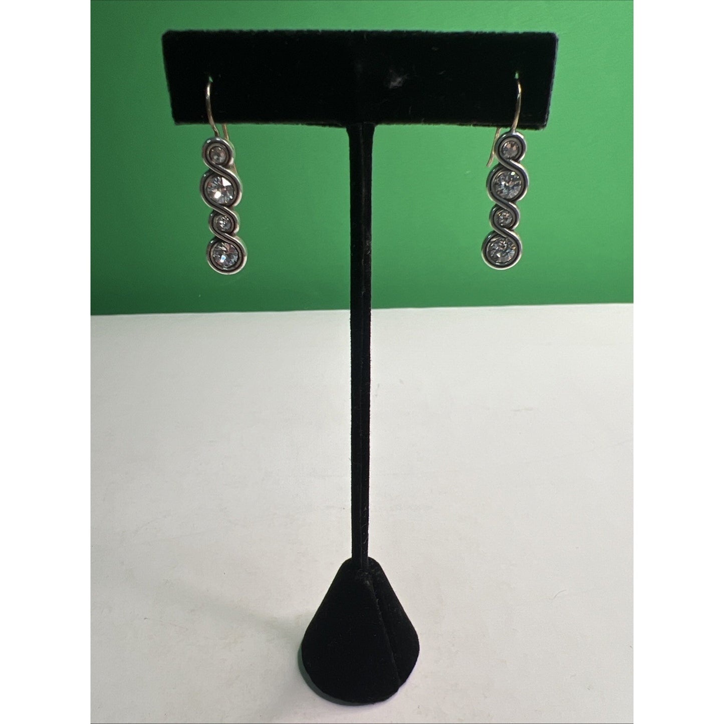 Vintage Silver Tone Swirl & Clear Stone Drop Dangle Earrings French Wire
