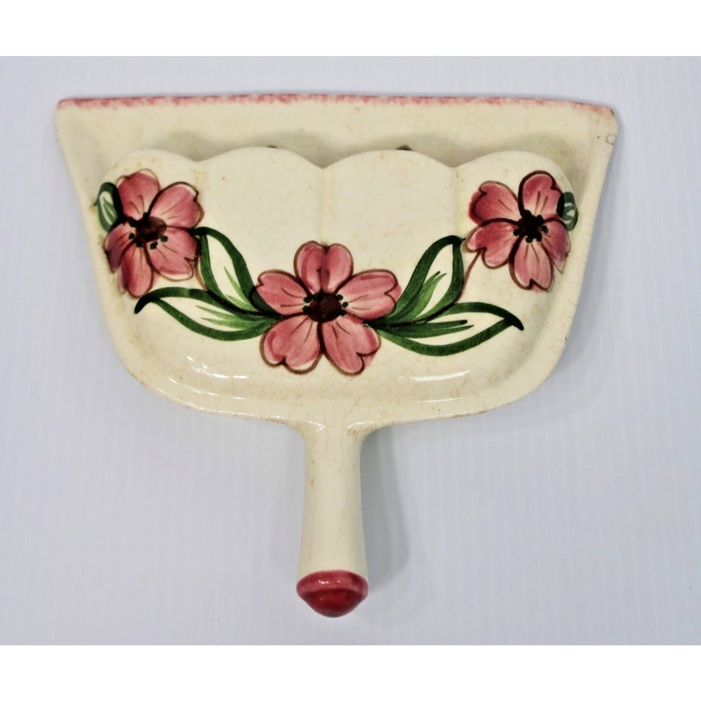 Vintage Dust Pan Wall Pocket, Hand-Painted Pink Floral 8.5" Cottage Grandma Chic