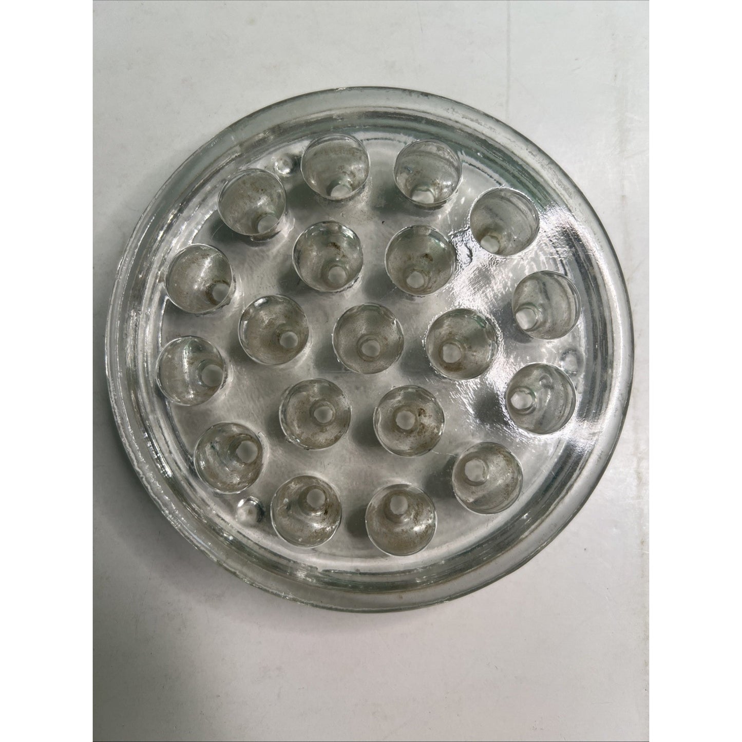 Vtg Clear Glass Flower Frog 19 Hole 5 In Heavy Round Floral Arranger