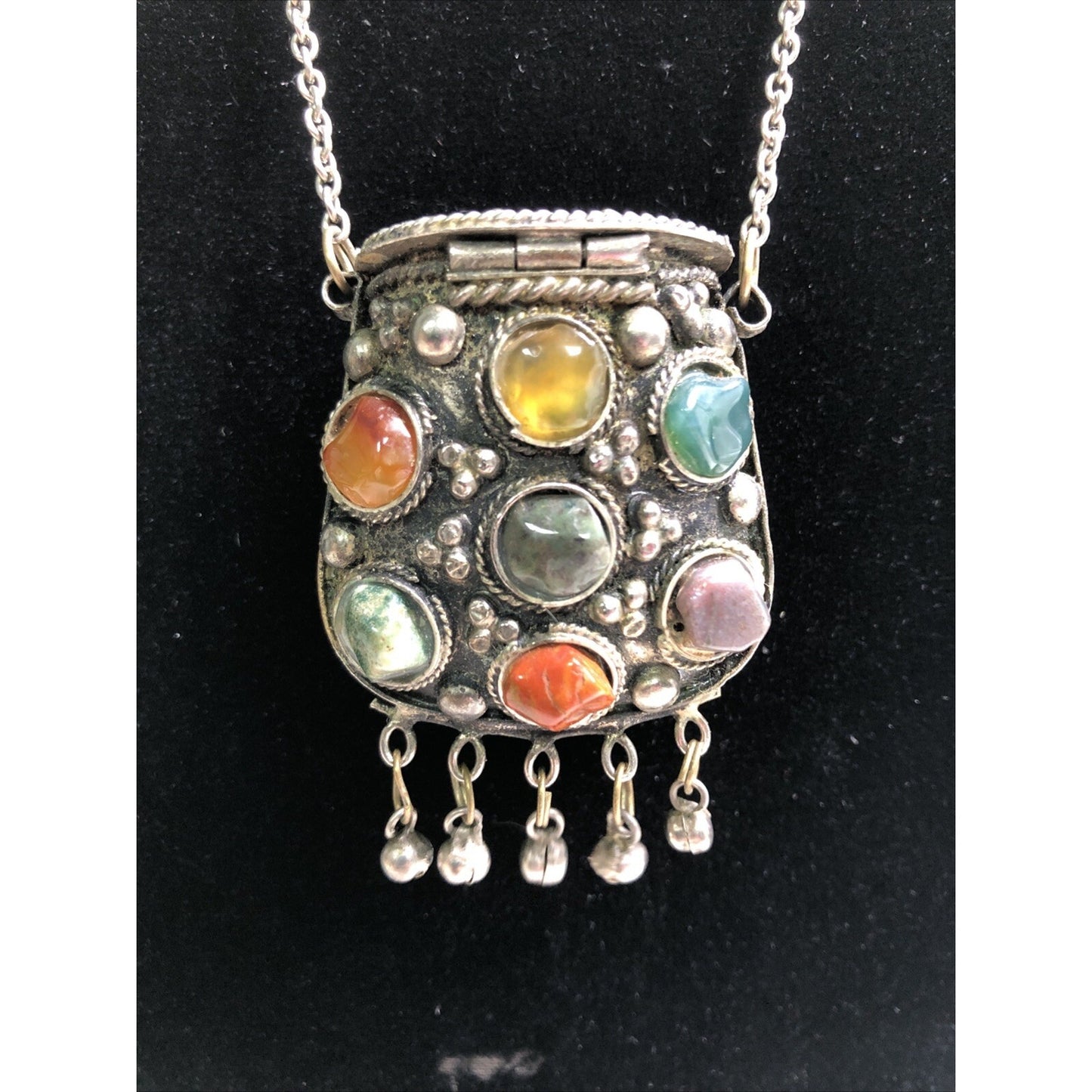 Vintage Sajai Metal Coin Purse Semi Precious Stones Kuchi Prayer Box Necklace