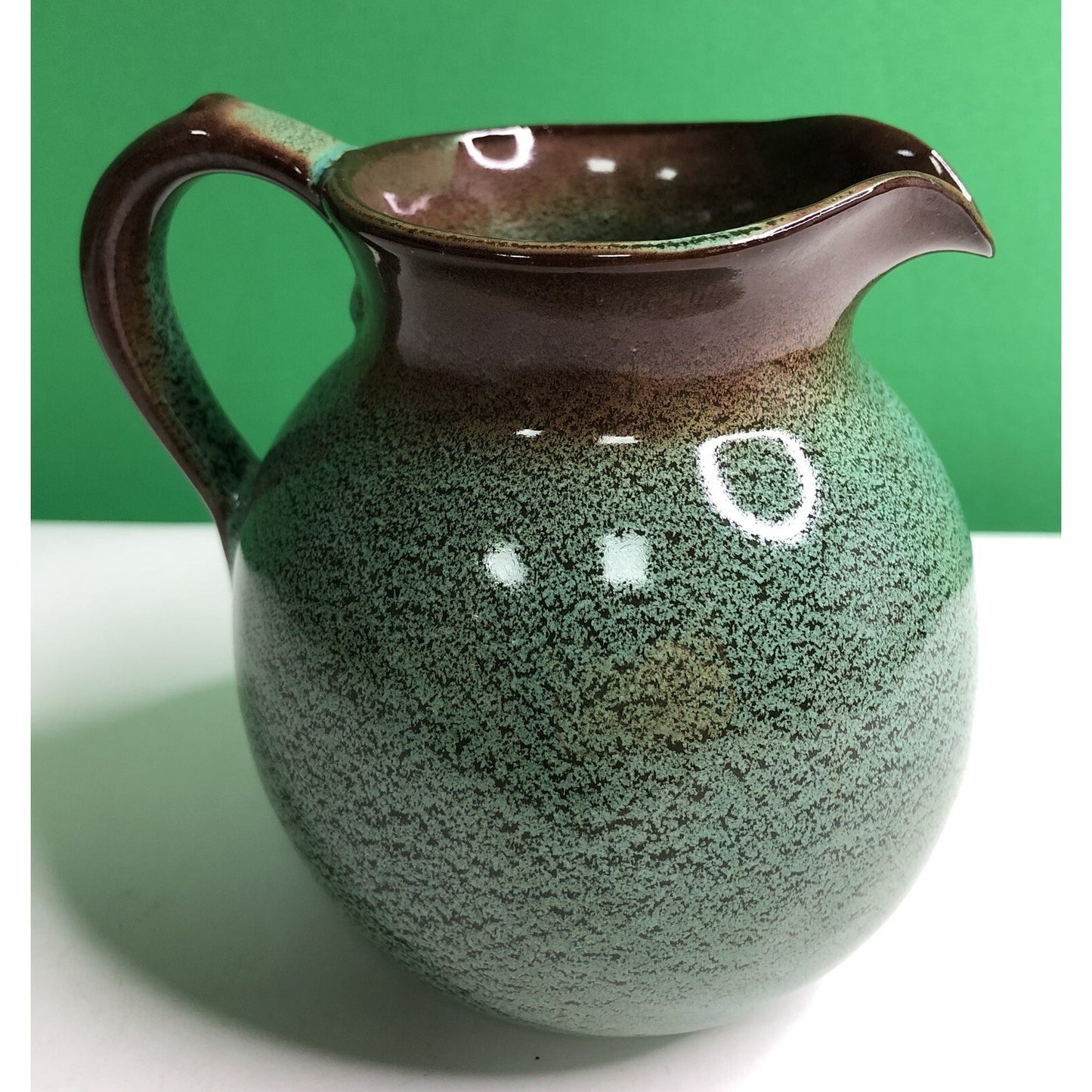 MCM Chester NICODEMUS Ohio Art Pottery PITCHER Ferro Stone Green Brown Speckled