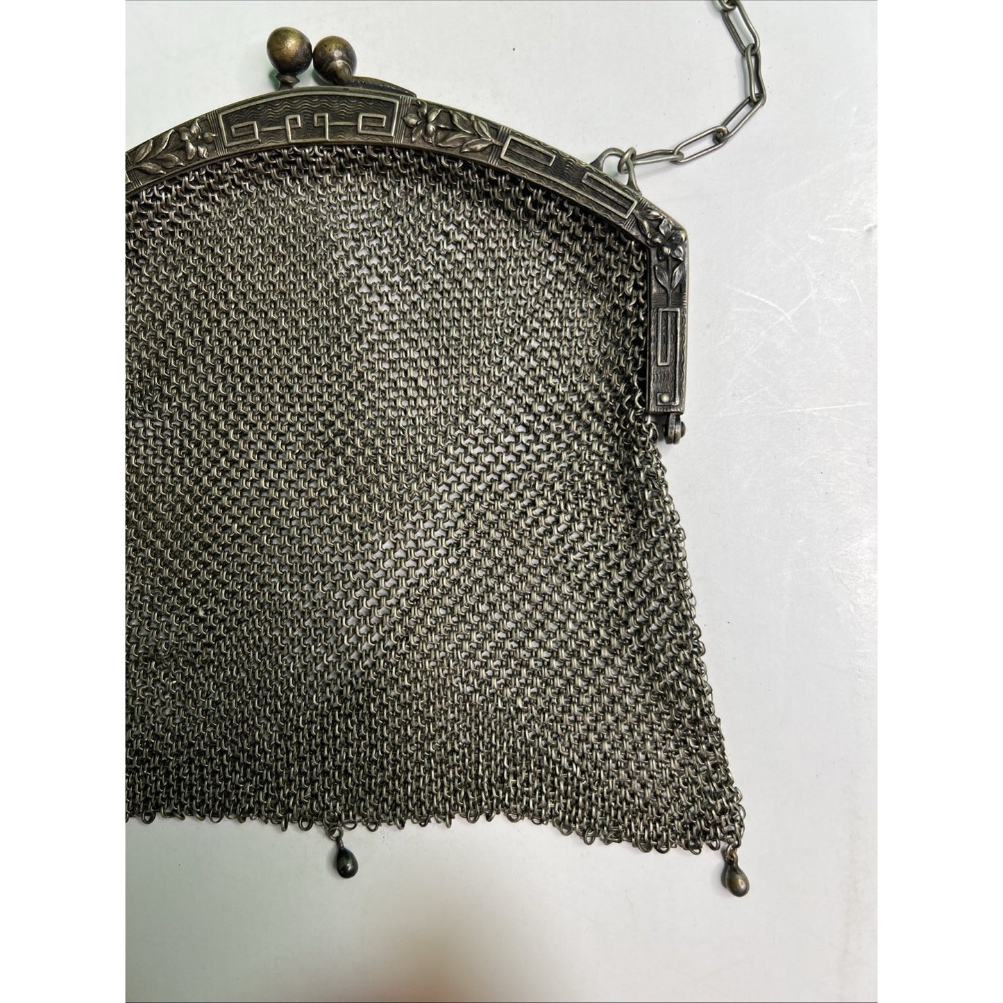 Rare Antique German Silver Chain Mesh Purse Handbag Kiss Closure Marked