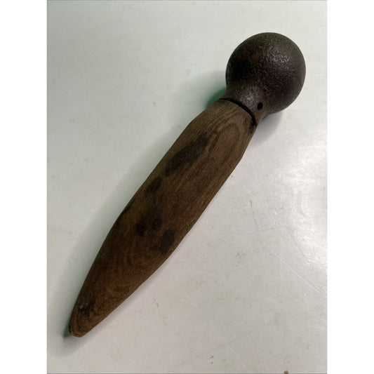 Antique Tool Dibble Pestle Muddler Wood Base Metal Ball Handle