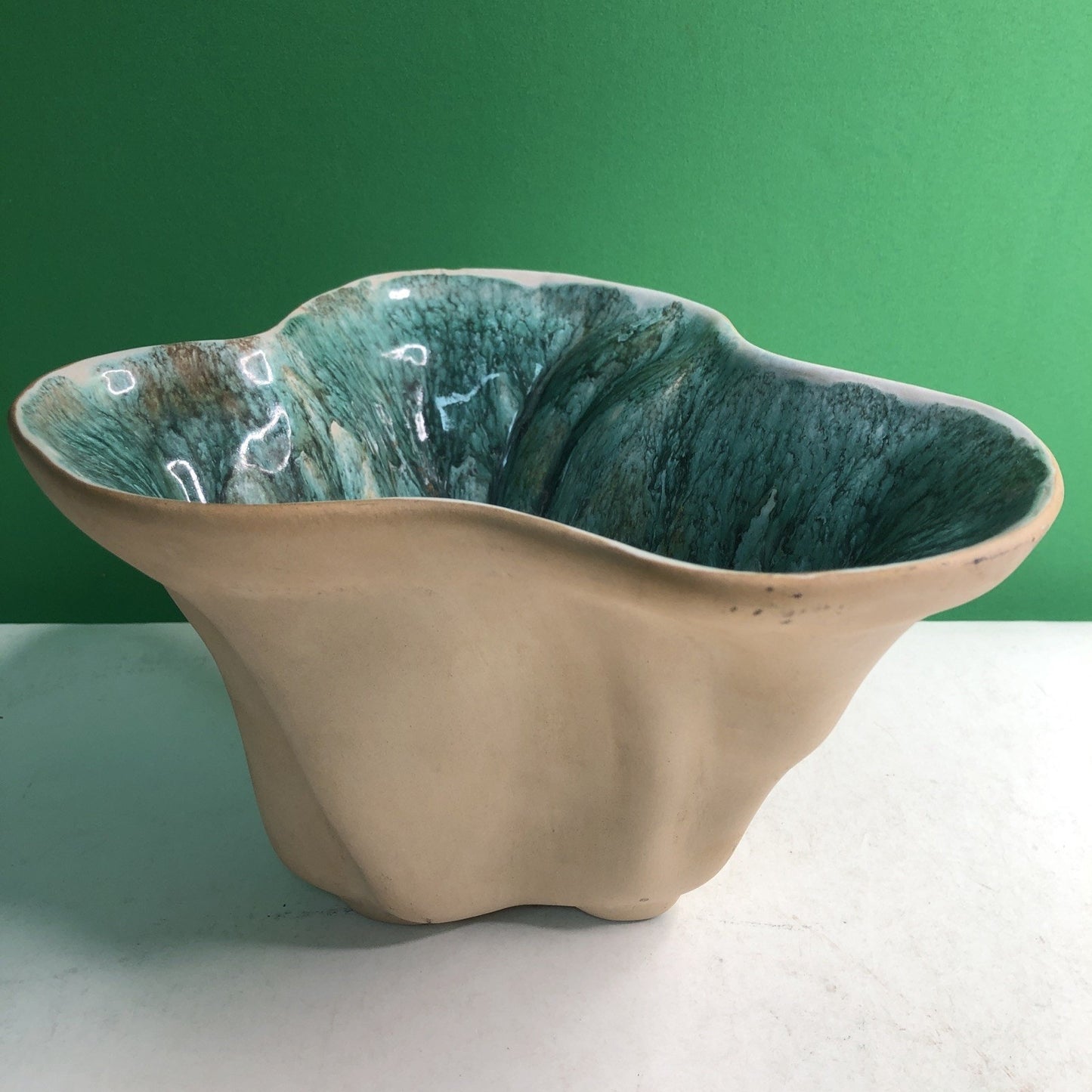 SIGNED Hammat Original 403 Pottery Dish Blue Green Brown Biomorphic Design MCM