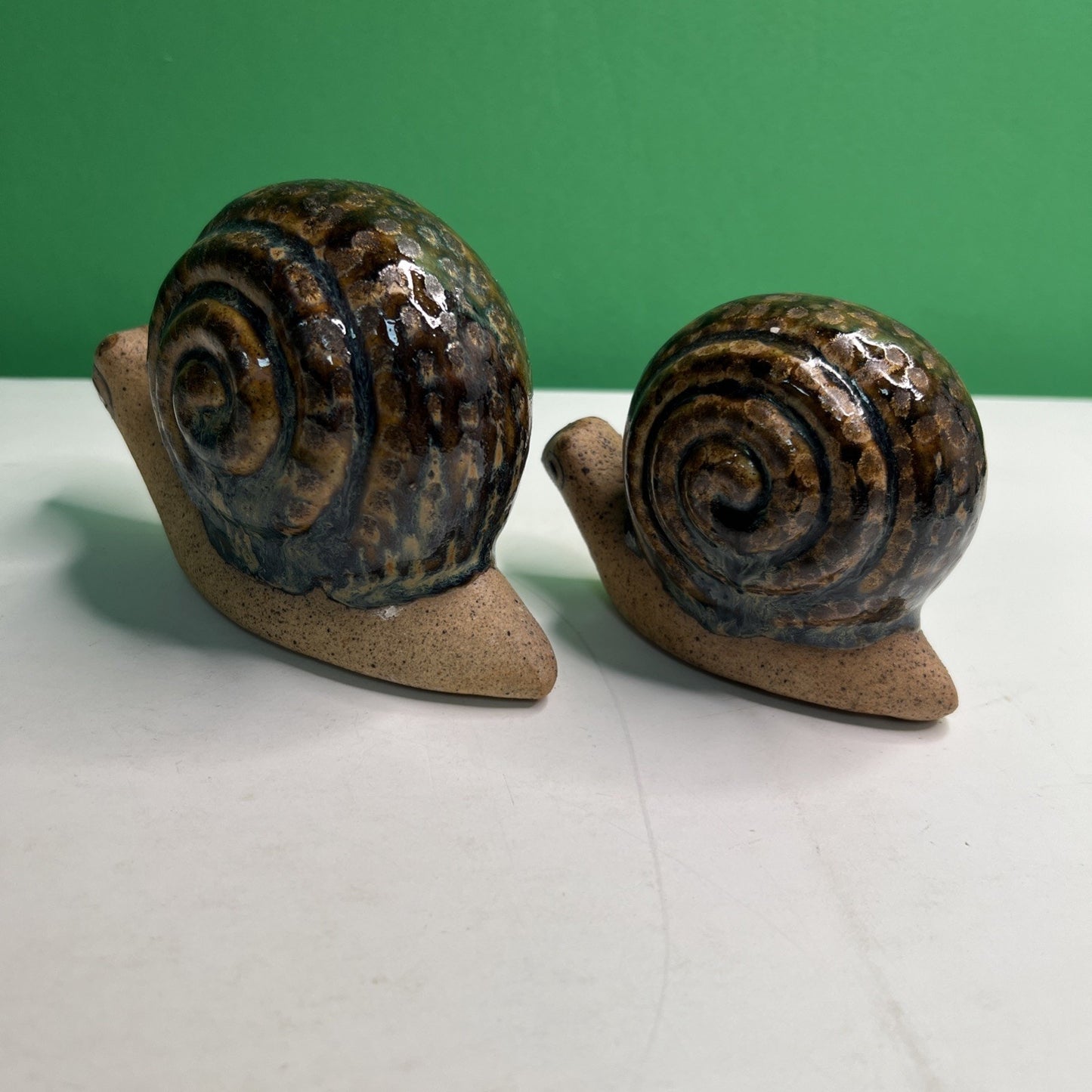 Lot 2 Pair Mexican Pottery Snails Marked Made in Mexico Snail Mottled Glazed
