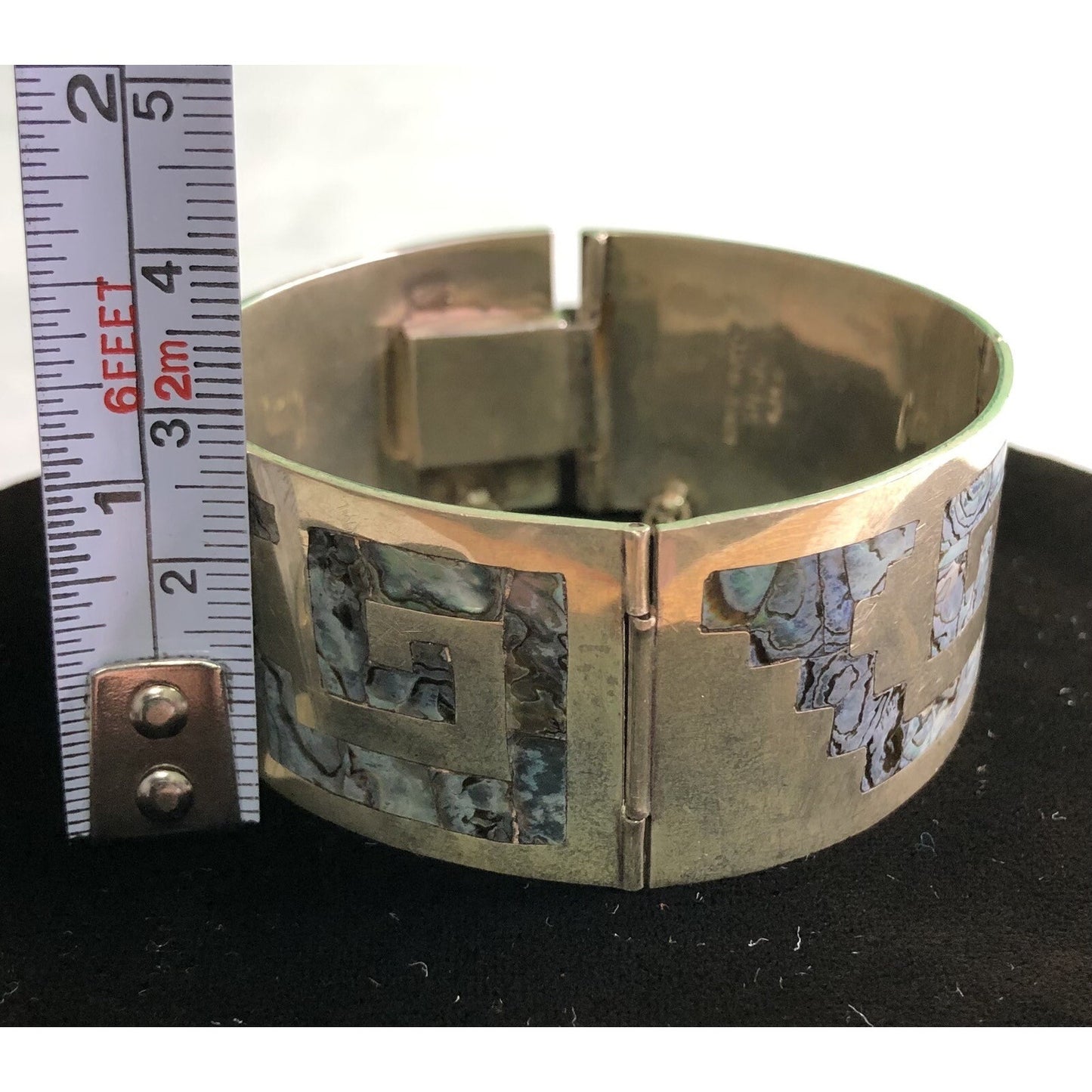 Vintage Mexico Sterling Silver Abalone Inlay Greek Key Panel Link Bracelet H.J.R