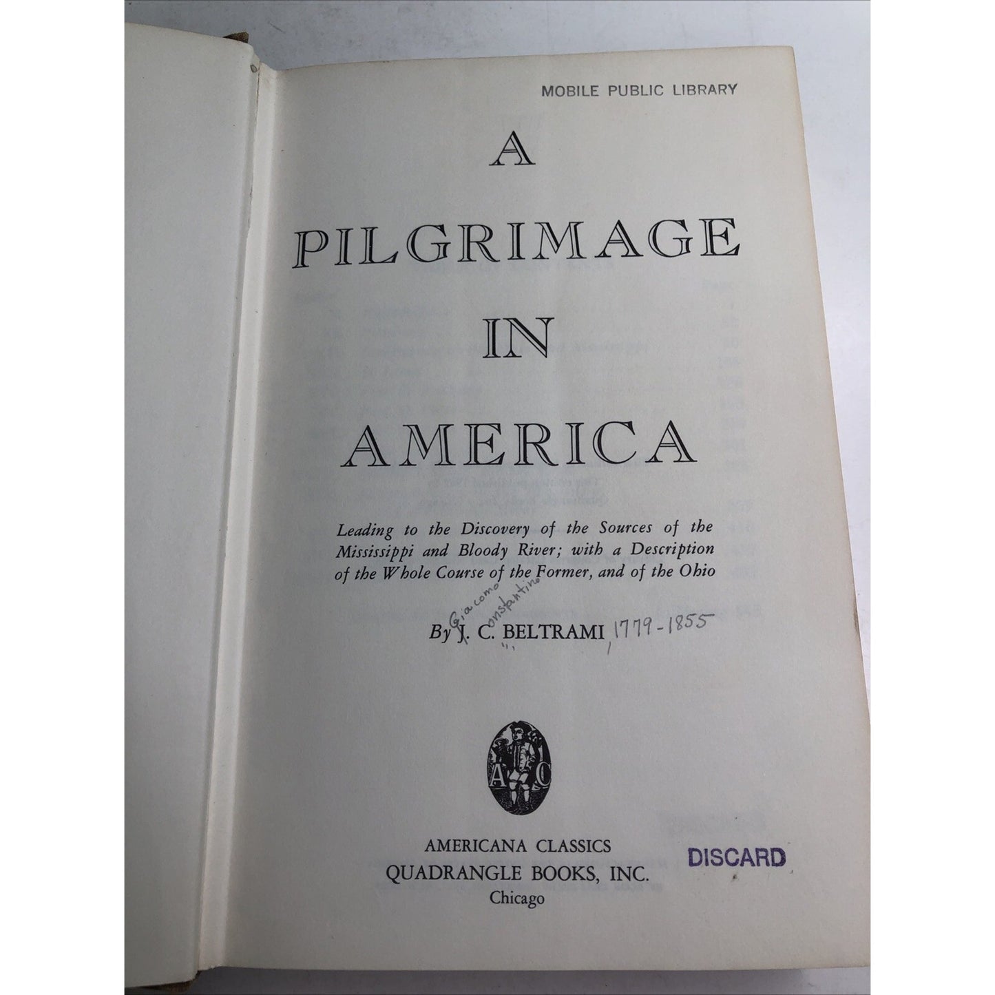 1962 A Pilgrimage In America By Beltrami HC DJ Ex Library