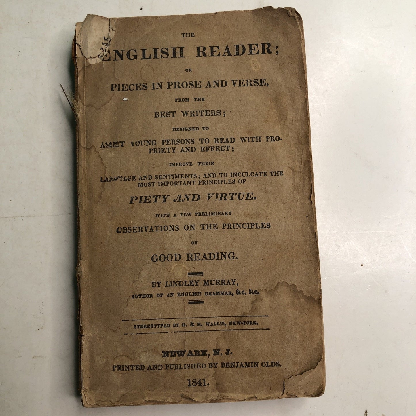 The English Reader: or Pieces in Prose & Verse Lindley Murray 1841 Cover Missing