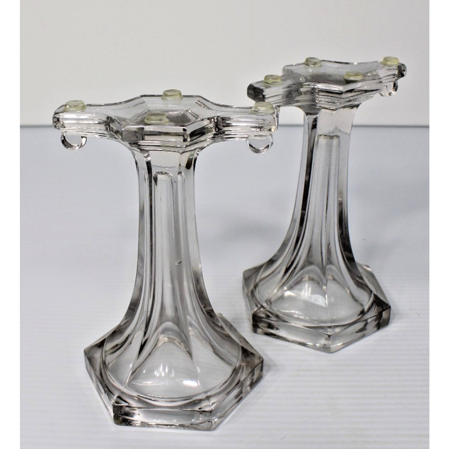 Antique Clear Glass Shelf Risers, Pedestals, Store Display Columns Pair 7-1/4"H