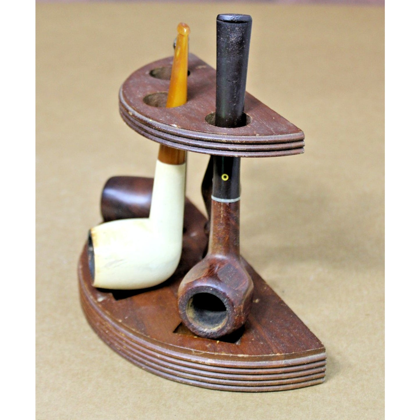Vintage Pipe Rack + 3 Pipes, GBD London, Yello Bole, Mid-Century Bakelite Stem