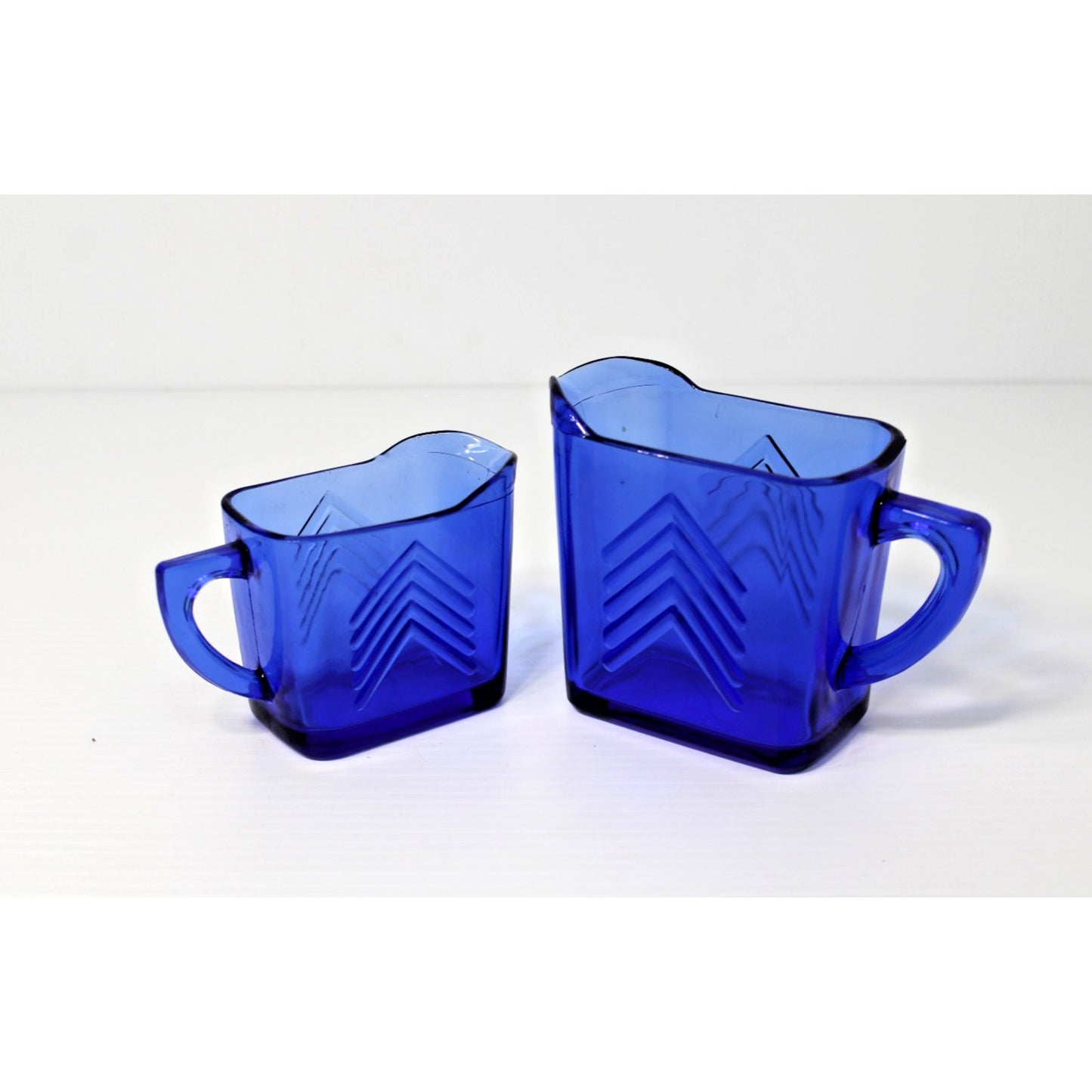 Vintage 1930s Hazel Atla Cobalt Glass, Blue Art Deco Milk & Creamer Chevron Set