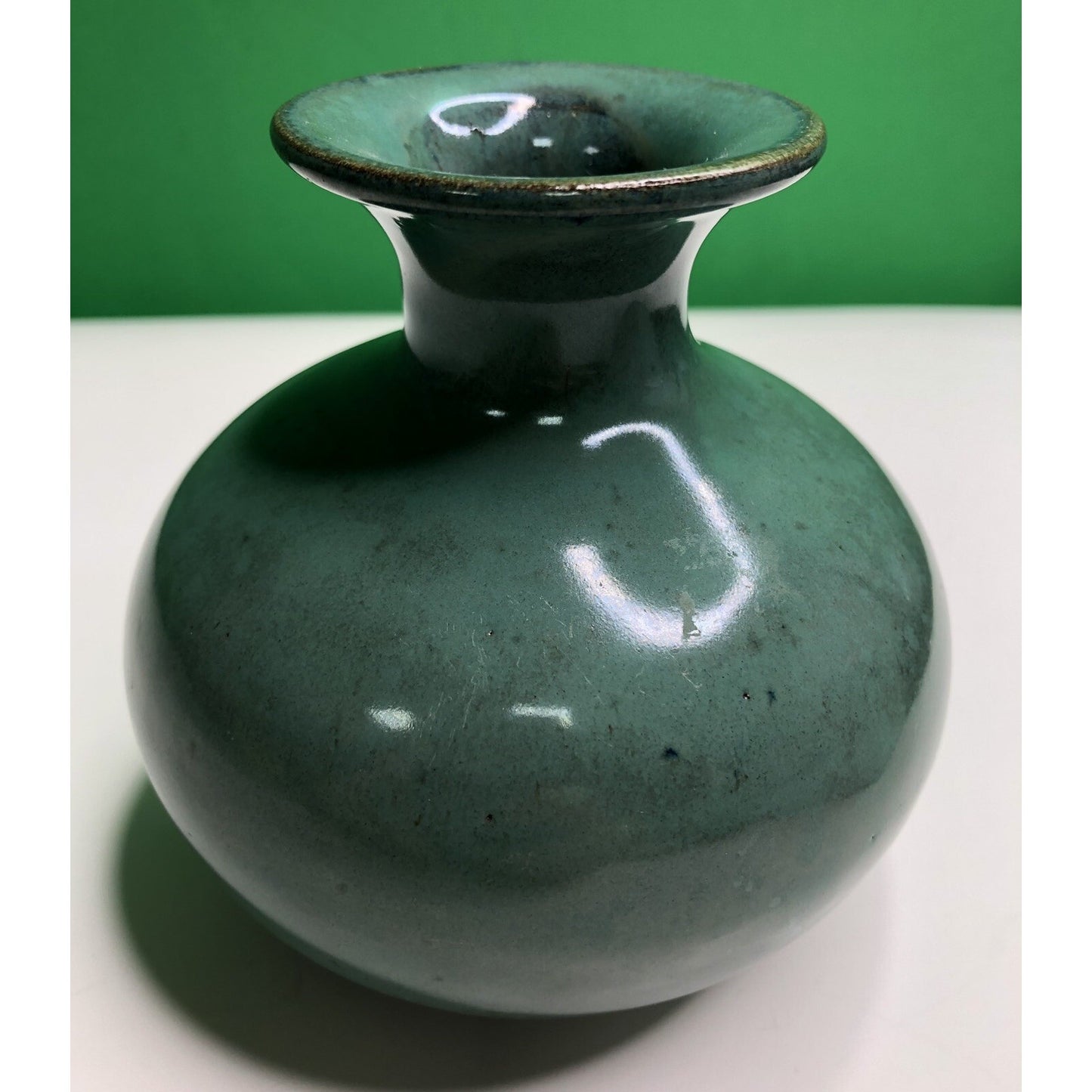 Vintage W. J. GORDY Pottery VASE Hand Made Thrown Green Glaze Verdi Gris Clay