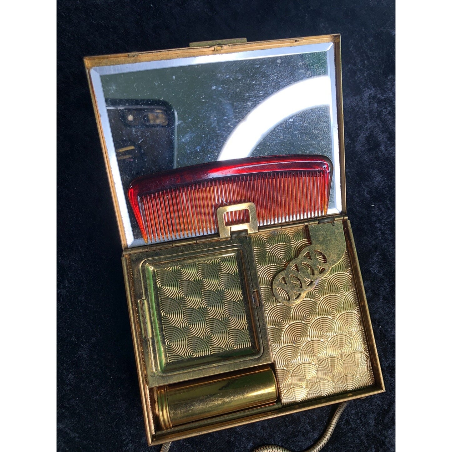 Vintage Minaudiere Metal Box Purse W/ Powder Lipstick Comb Mirror Evening Bag