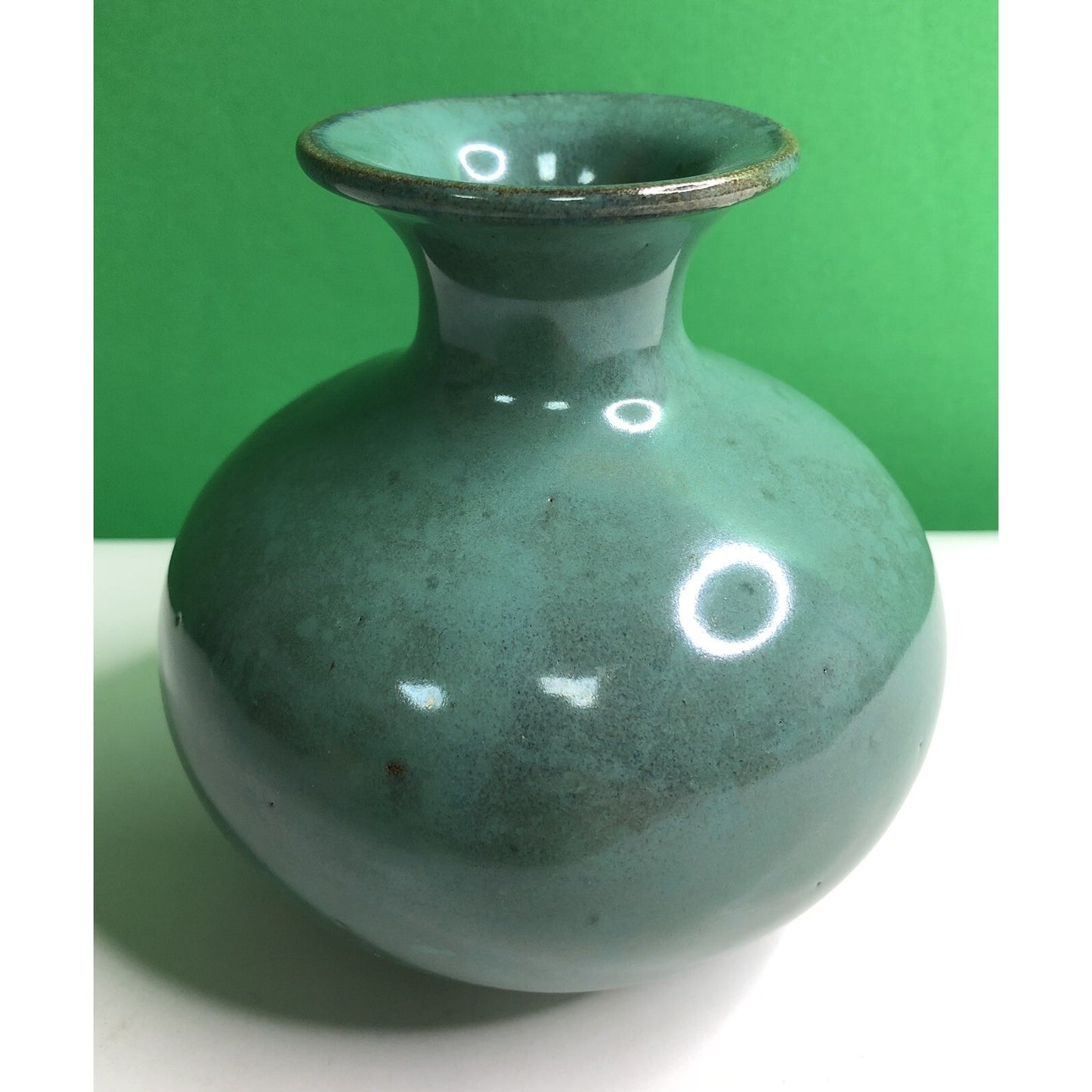 Vintage W. J. GORDY Pottery VASE Hand Made Thrown Green Glaze Verdi Gris Clay