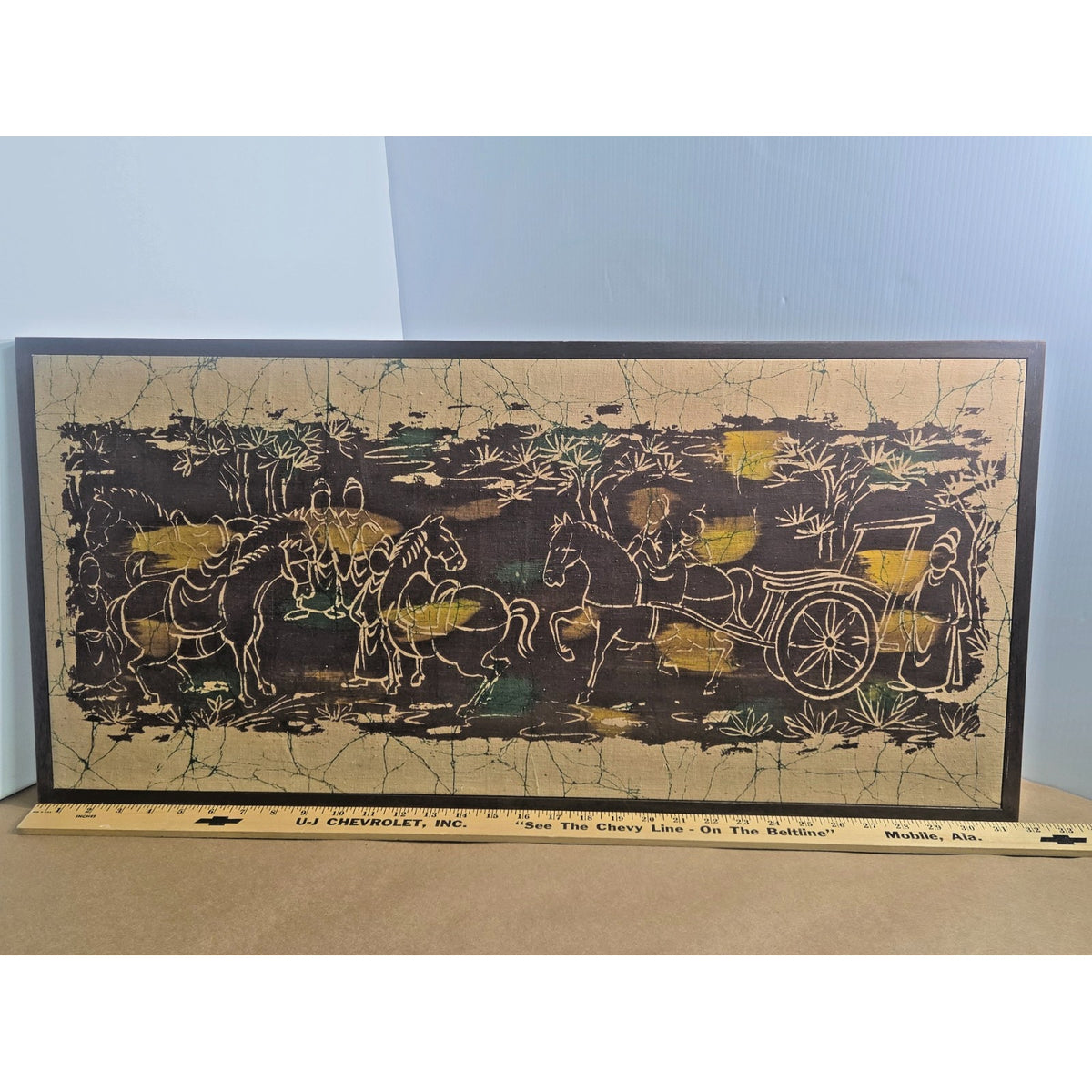 Vintage MCM Framed Batik Art "The Inspection Tour" Asian Horse Chariot 31"